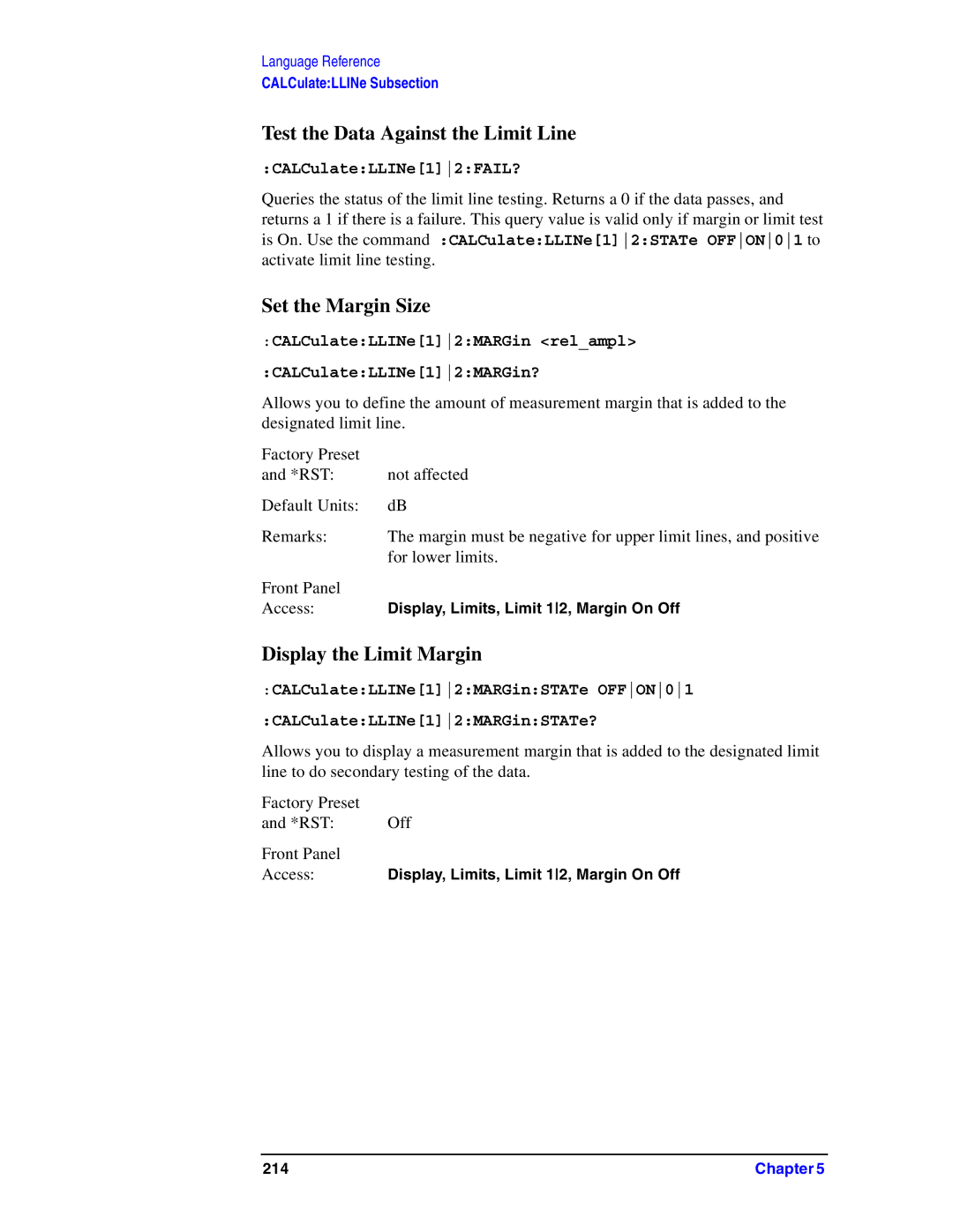 Agilent Technologies Model  A.08.xx Test the Data Against the Limit Line, Set the Margin Size, Display the Limit Margin 