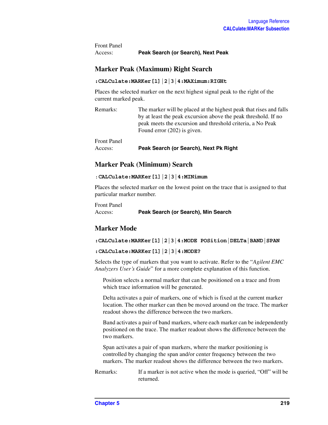 Agilent Technologies Model  A.08.xx manual Marker Peak Maximum Right Search, Marker Peak Minimum Search, Marker Mode 