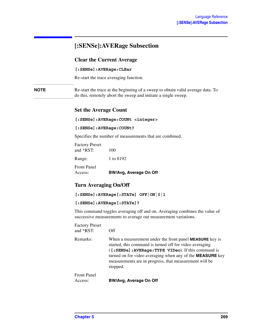 Agilent Technologies Model  A.08.xx manual SENSeAVERage Subsection, Clear the Current Average, Set the Average Count 