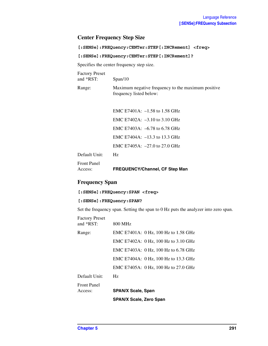 Agilent Technologies Model  A.08.xx manual Center Frequency Step Size, Frequency Span 