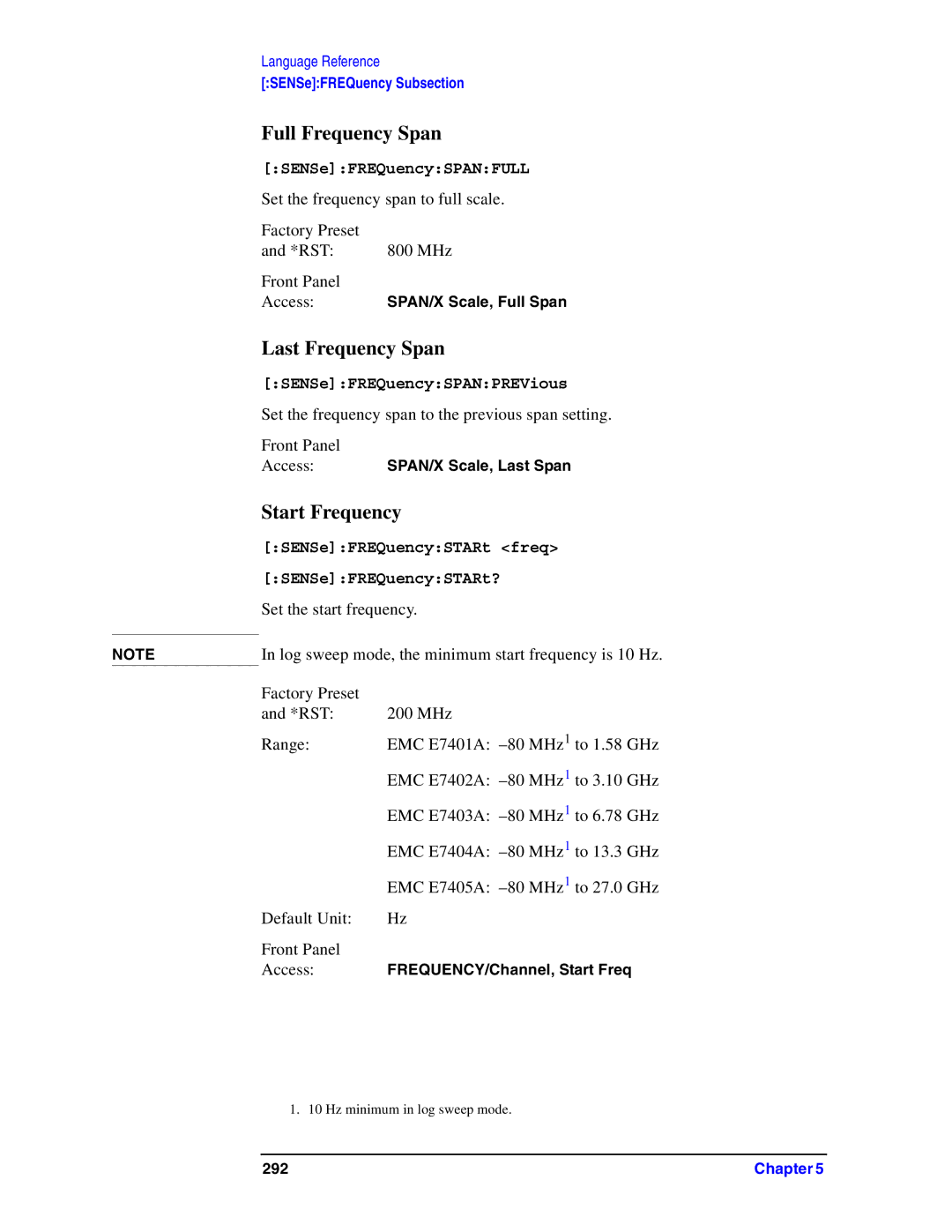 Agilent Technologies Model  A.08.xx manual Full Frequency Span, Last Frequency Span, Start Frequency 