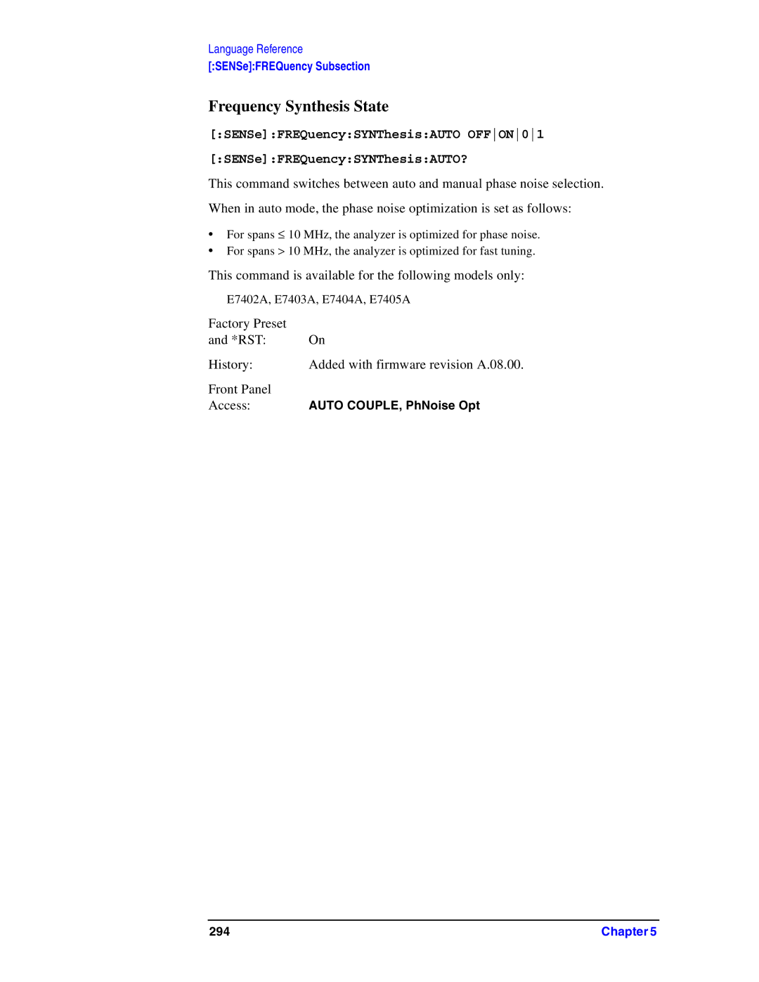 Agilent Technologies Model  A.08.xx manual Frequency Synthesis State 