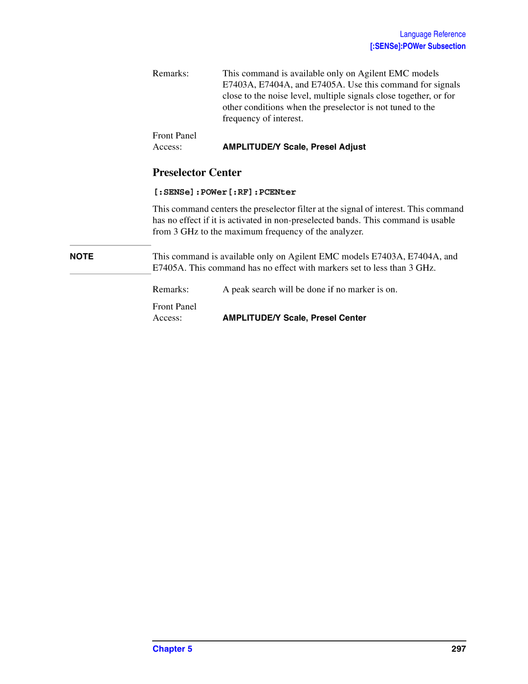 Agilent Technologies Model  A.08.xx manual Preselector Center, SENSePOWerRFPCENter 