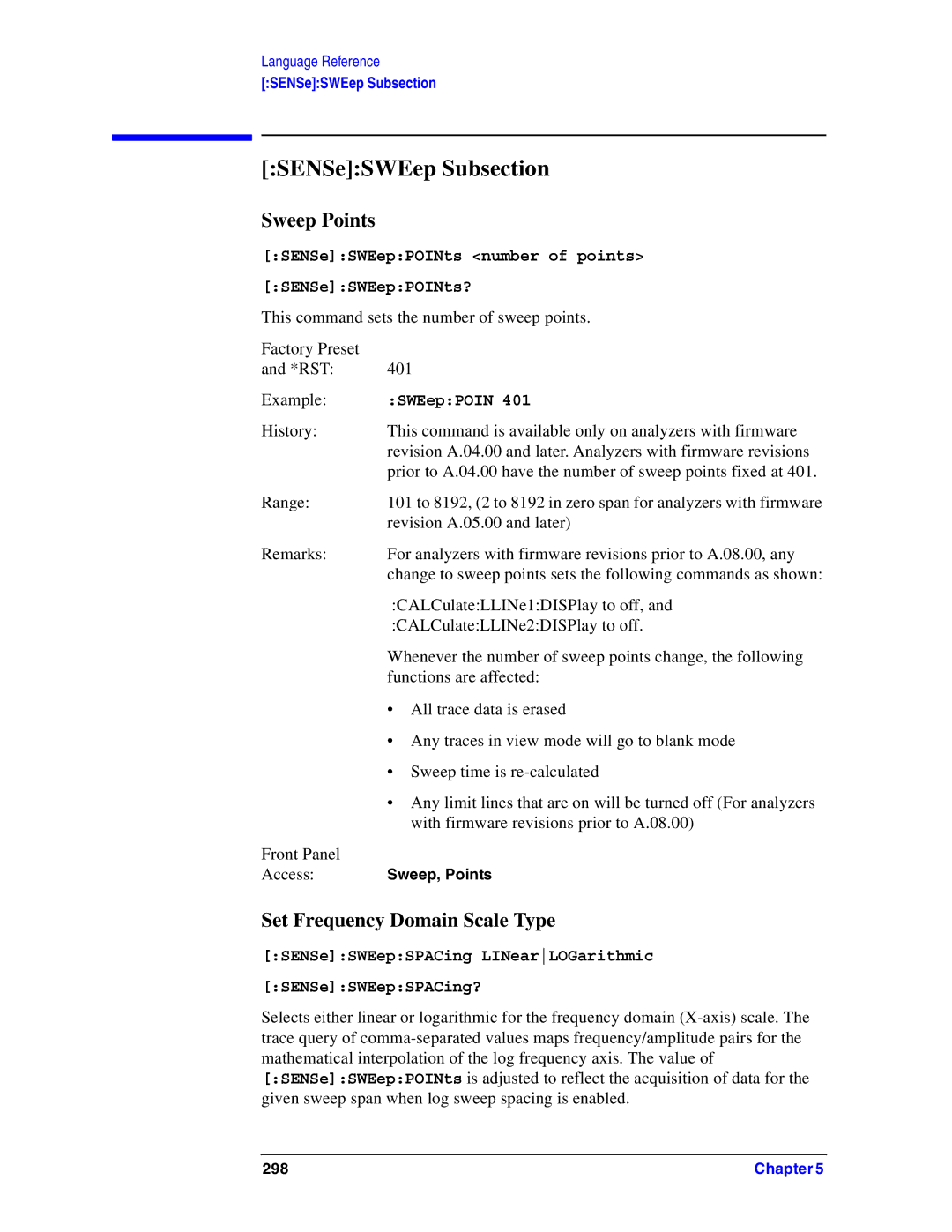 Agilent Technologies Model  A.08.xx manual SENSeSWEep Subsection, Sweep Points, Set Frequency Domain Scale Type 