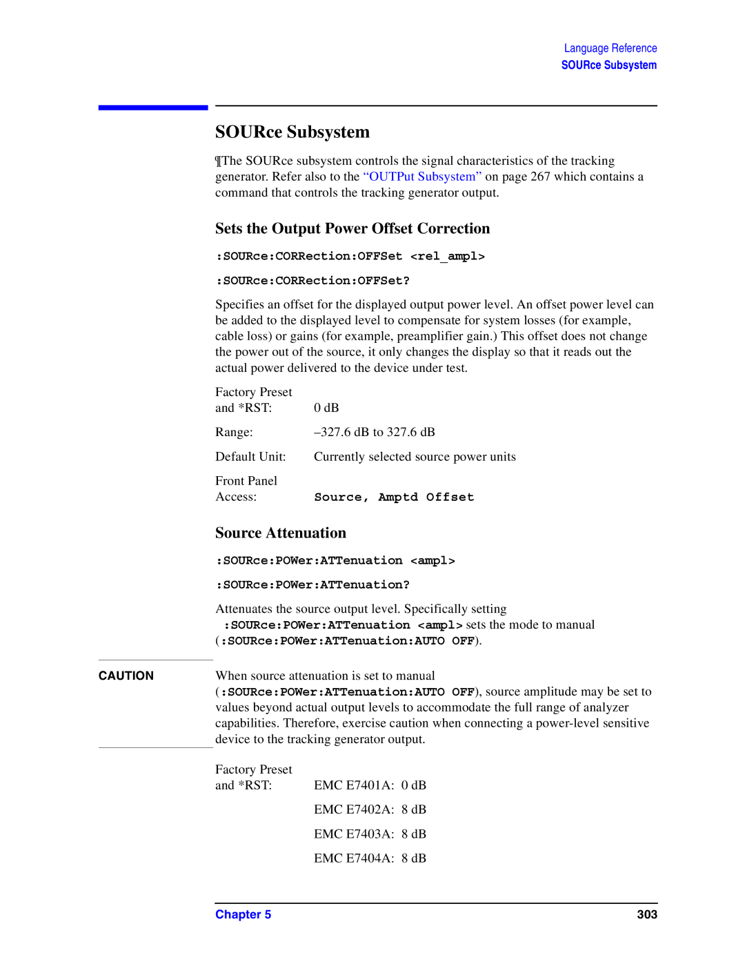 Agilent Technologies Model  A.08.xx manual SOURce Subsystem, Sets the Output Power Offset Correction, Source Attenuation 