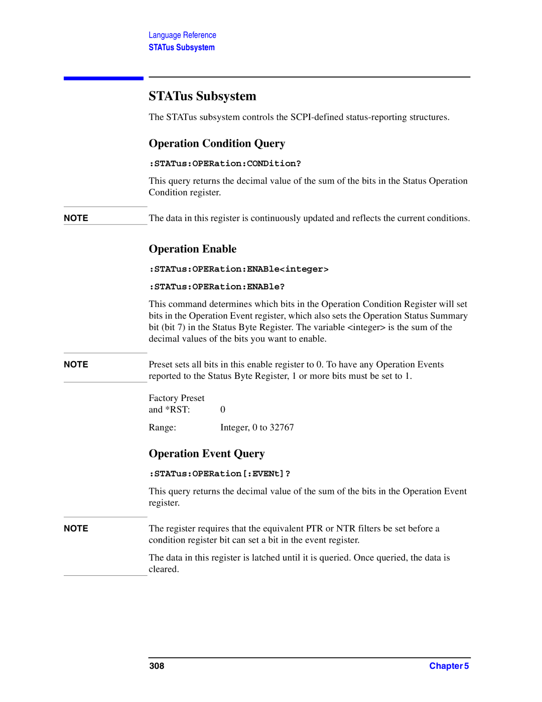 Agilent Technologies Model  A.08.xx STATus Subsystem, Operation Condition Query, Operation Enable, Operation Event Query 