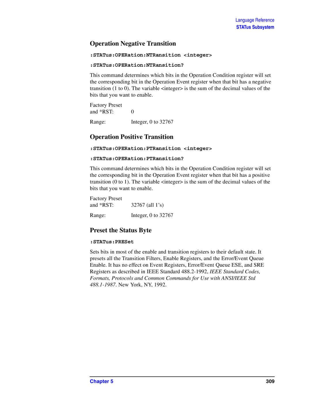 Agilent Technologies Model  A.08.xx Operation Negative Transition, Operation Positive Transition, Preset the Status Byte 