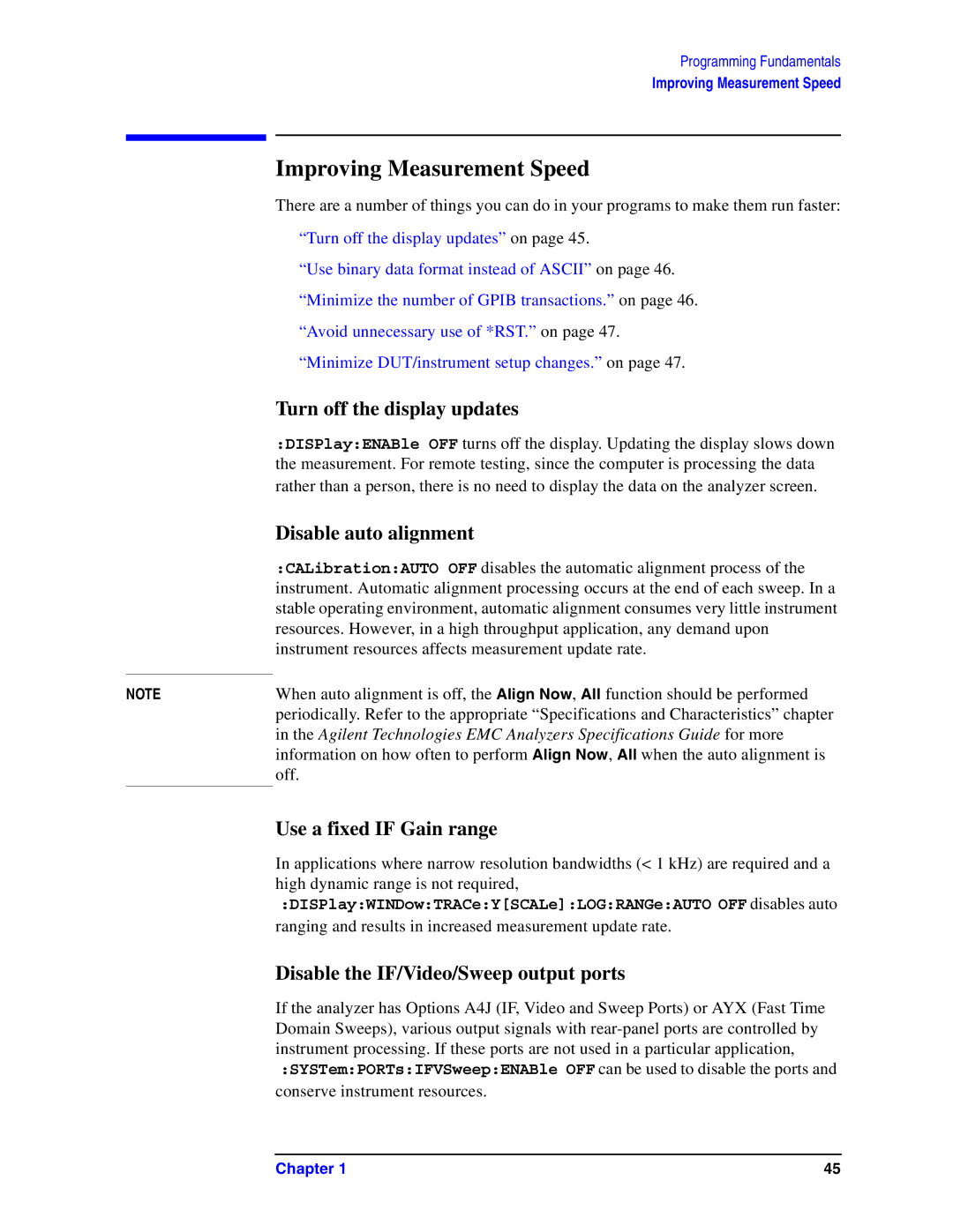 Agilent Technologies Model  A.08.xx Improving Measurement Speed, Turn off the display updates, Disable auto alignment 