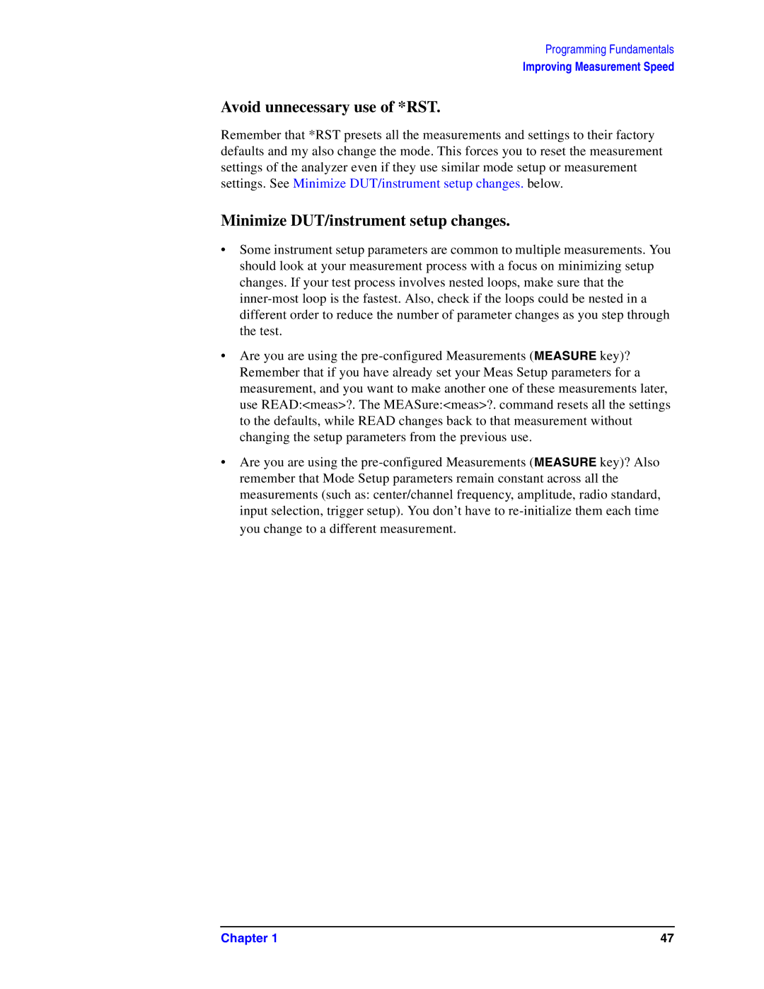 Agilent Technologies Model  A.08.xx manual Avoid unnecessary use of *RST, Minimize DUT/instrument setup changes 