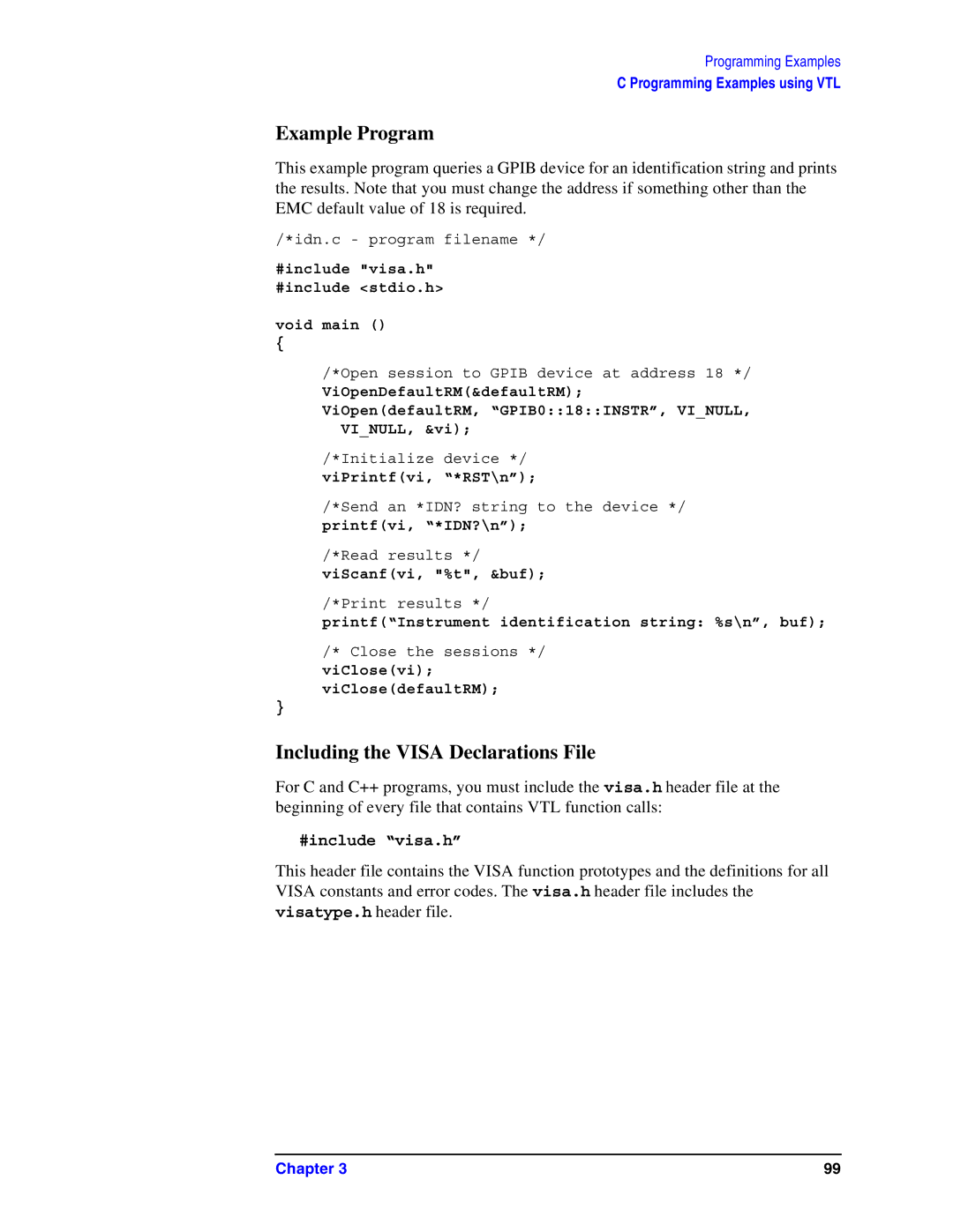 Agilent Technologies Model  A.08.xx manual Example Program, Including the Visa Declarations File, #include visa.h 