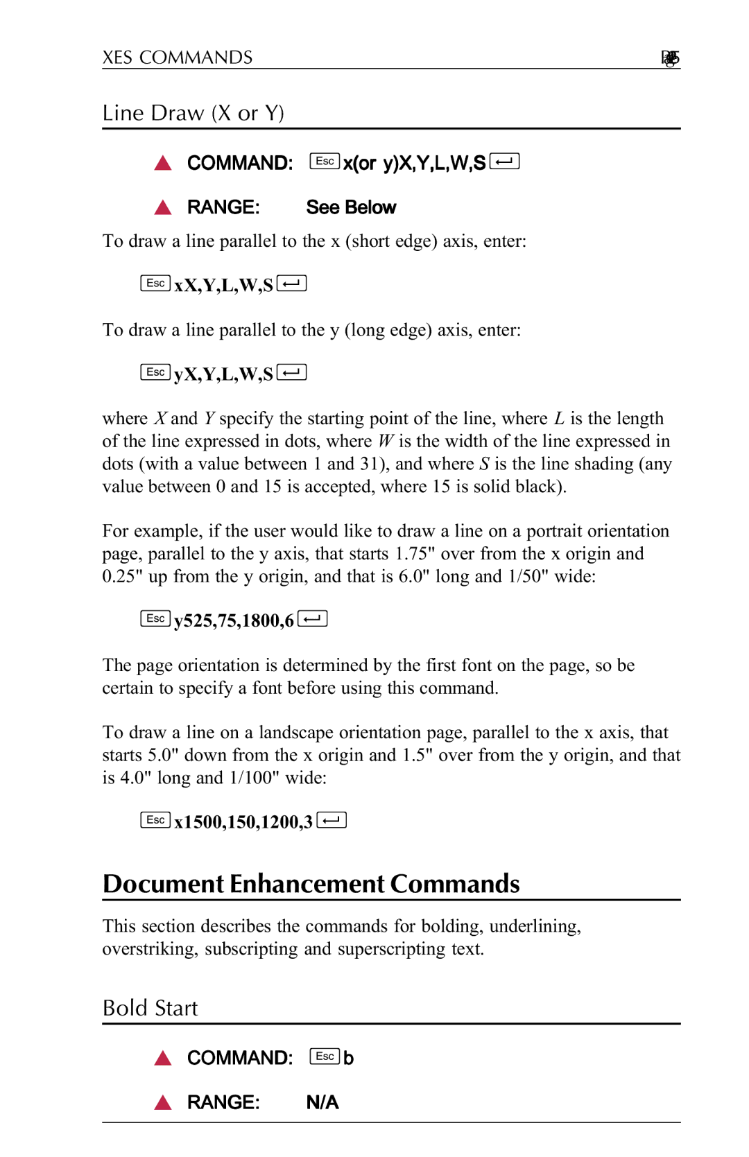 Agilent Technologies N-Series user manual Document Enhancement Commands, Line Draw X or Y, Bold Start, Command sb 