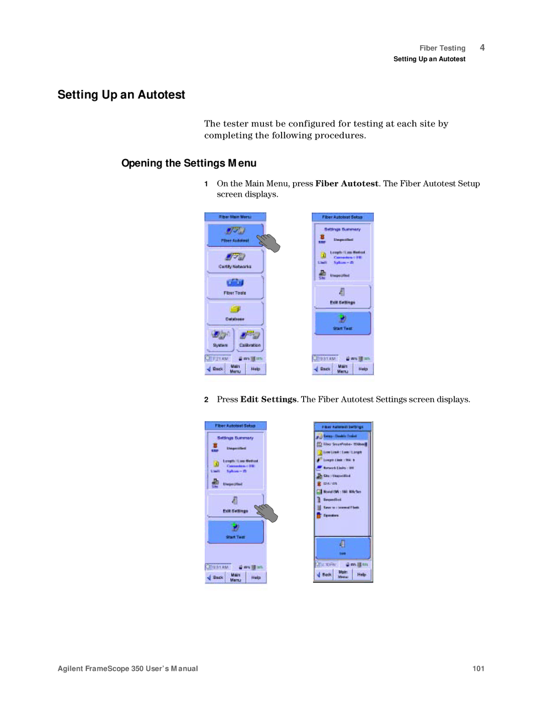 Agilent Technologies N2610A user manual Setting Up an Autotest, Opening the Settings Menu 