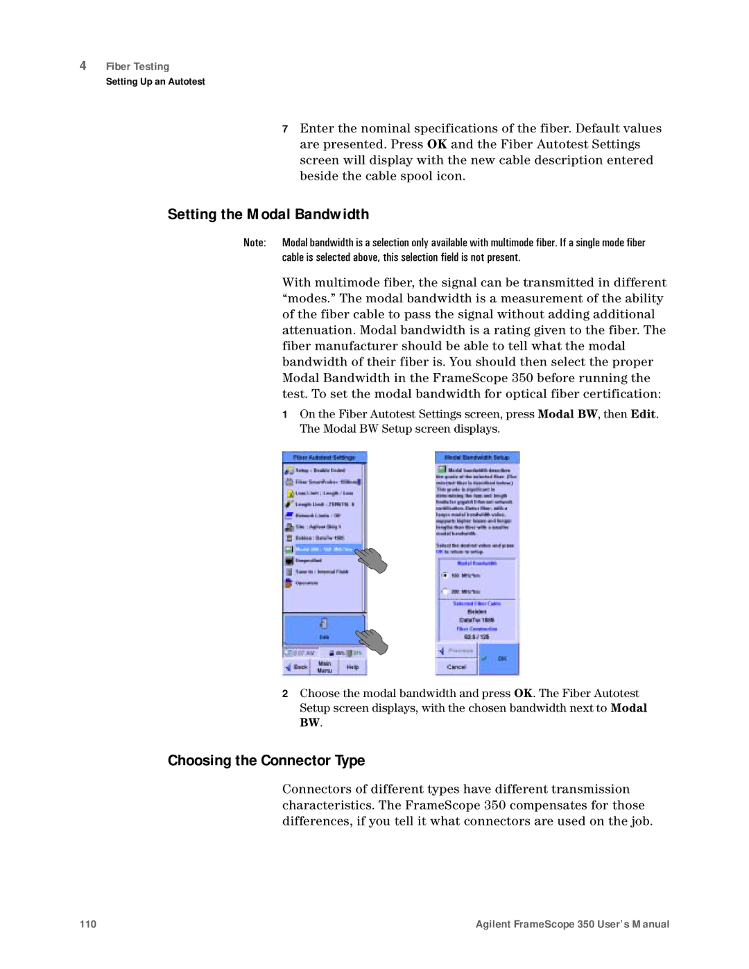 Agilent Technologies N2610A user manual Setting the Modal Bandwidth, Choosing the Connector Type 