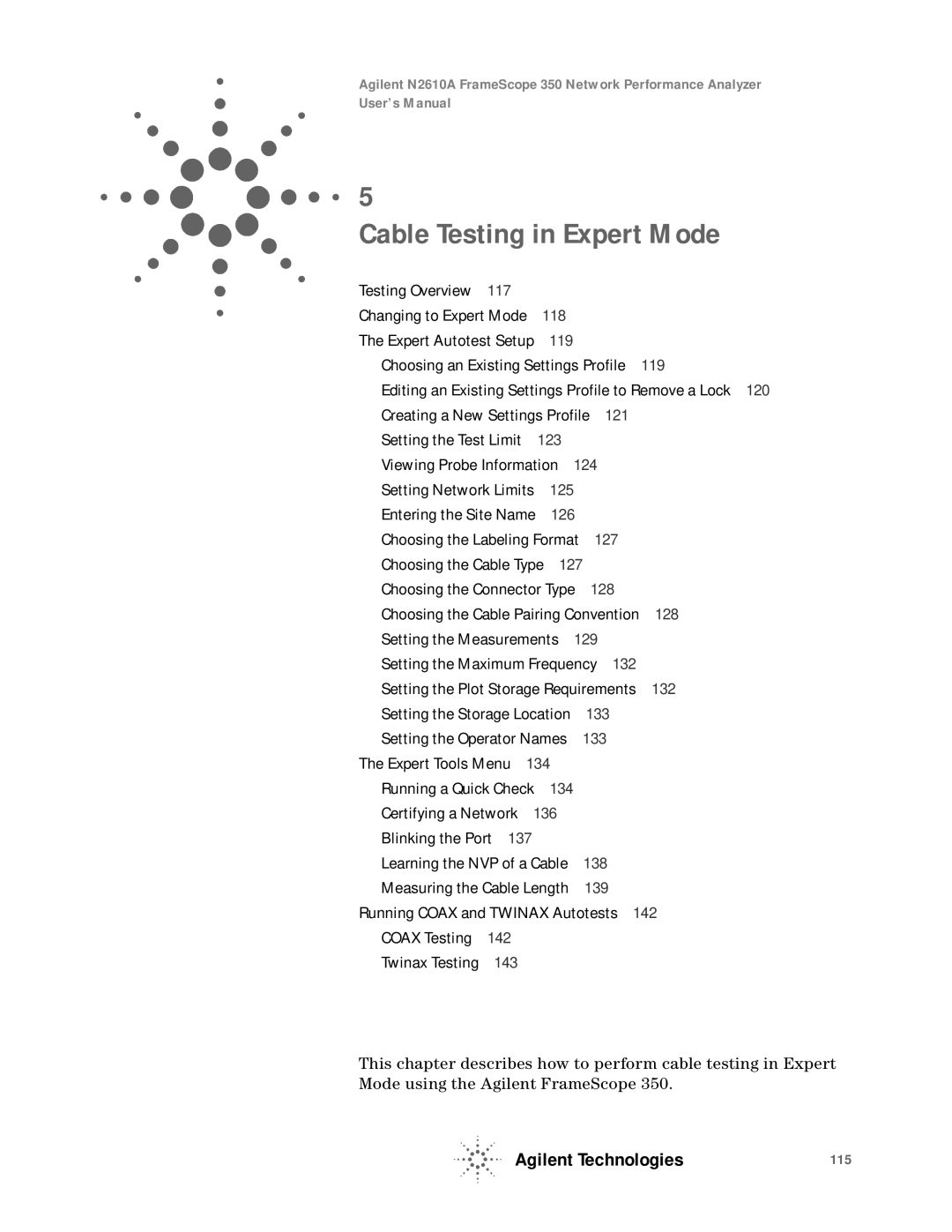 Agilent Technologies N2610A user manual Cable Testing in Expert Mode 