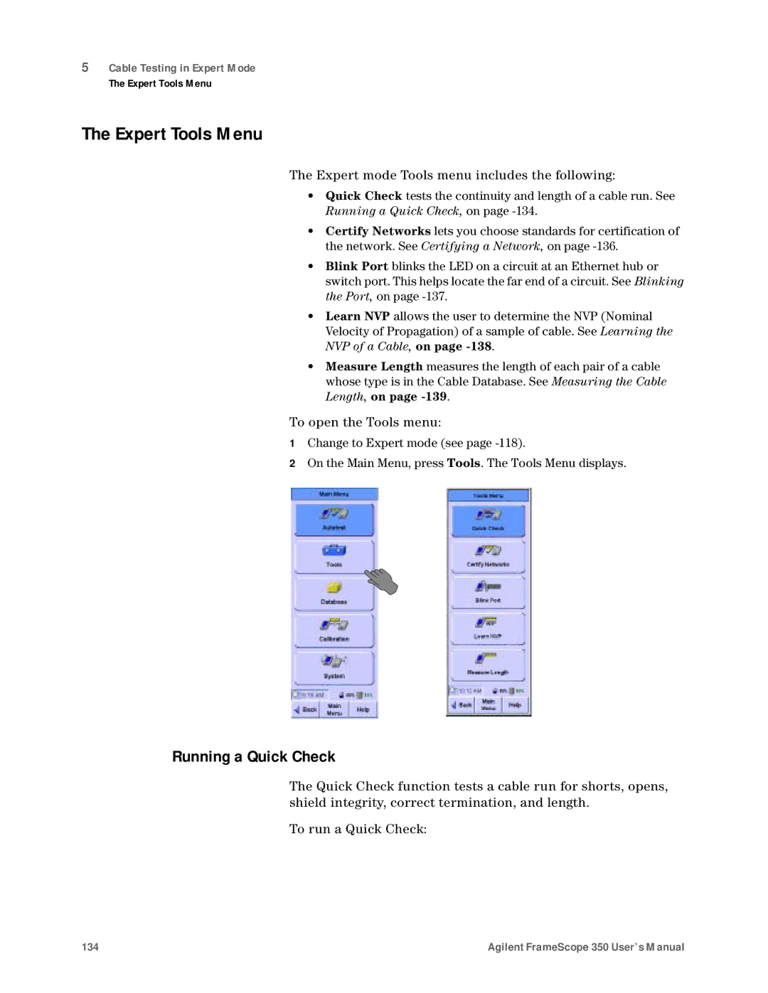 Agilent Technologies N2610A user manual Expert Tools Menu, Running a Quick Check 