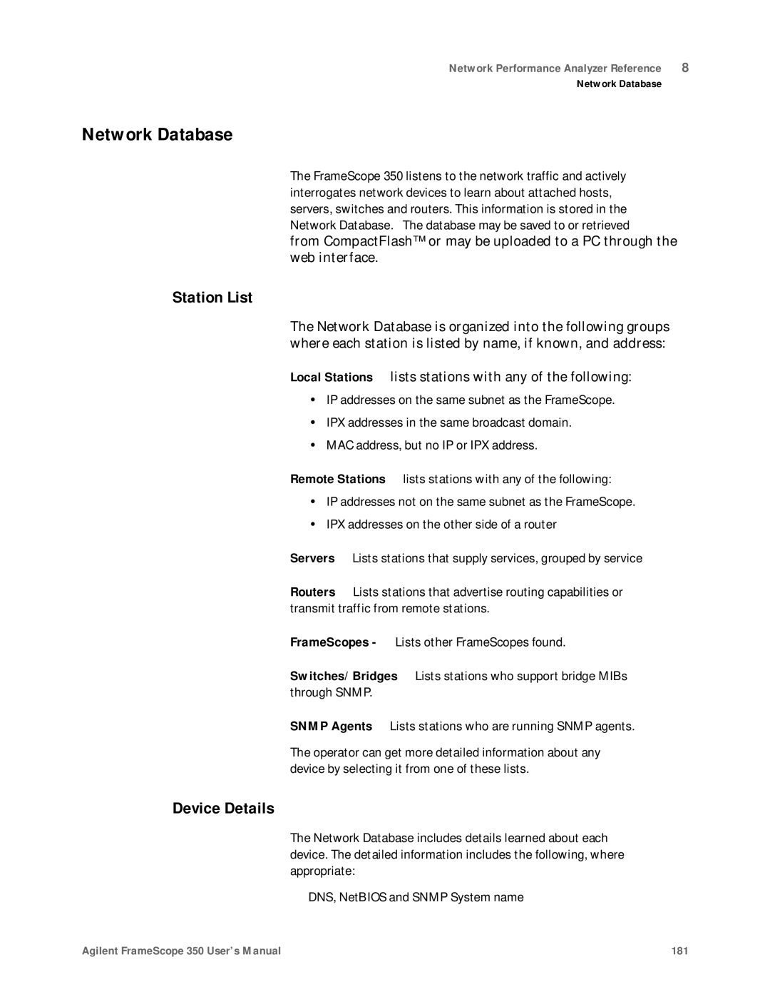 Agilent Technologies N2610A user manual Network Database, Station List, Device Details 