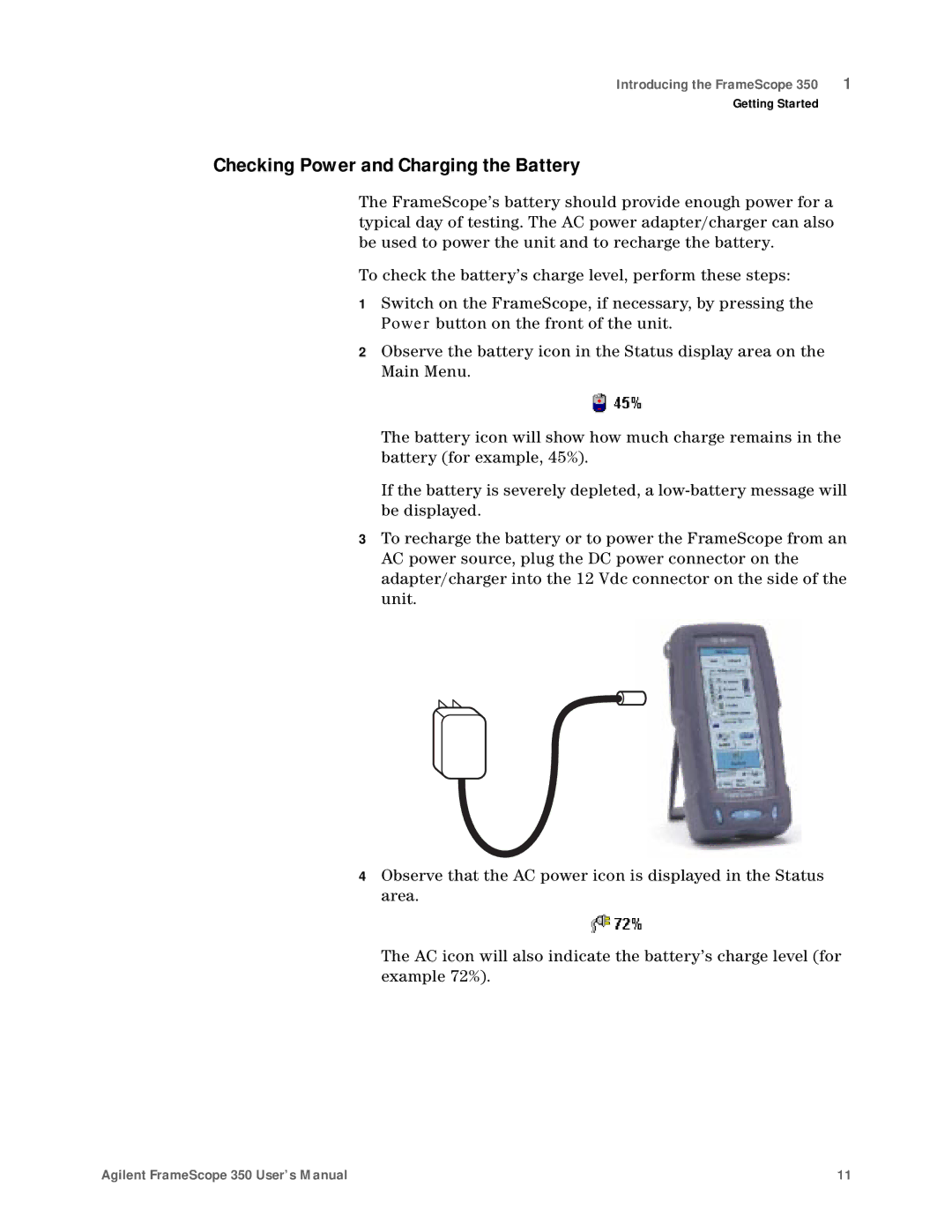 Agilent Technologies N2610A user manual Checking Power and Charging the Battery 