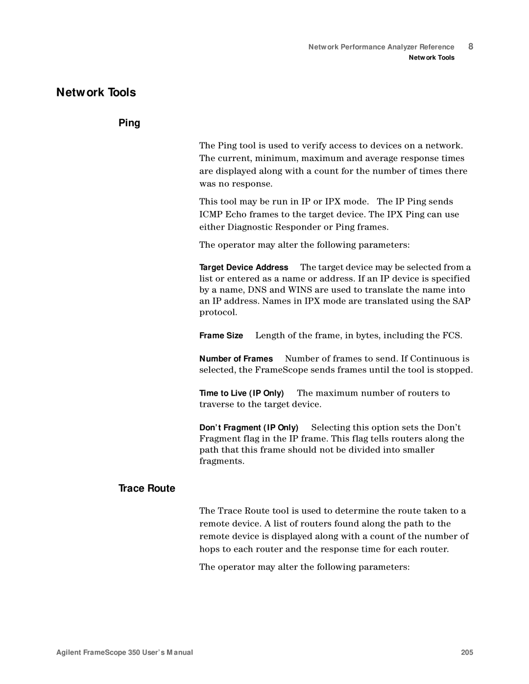 Agilent Technologies N2610A user manual Network Tools, Ping, Trace Route 