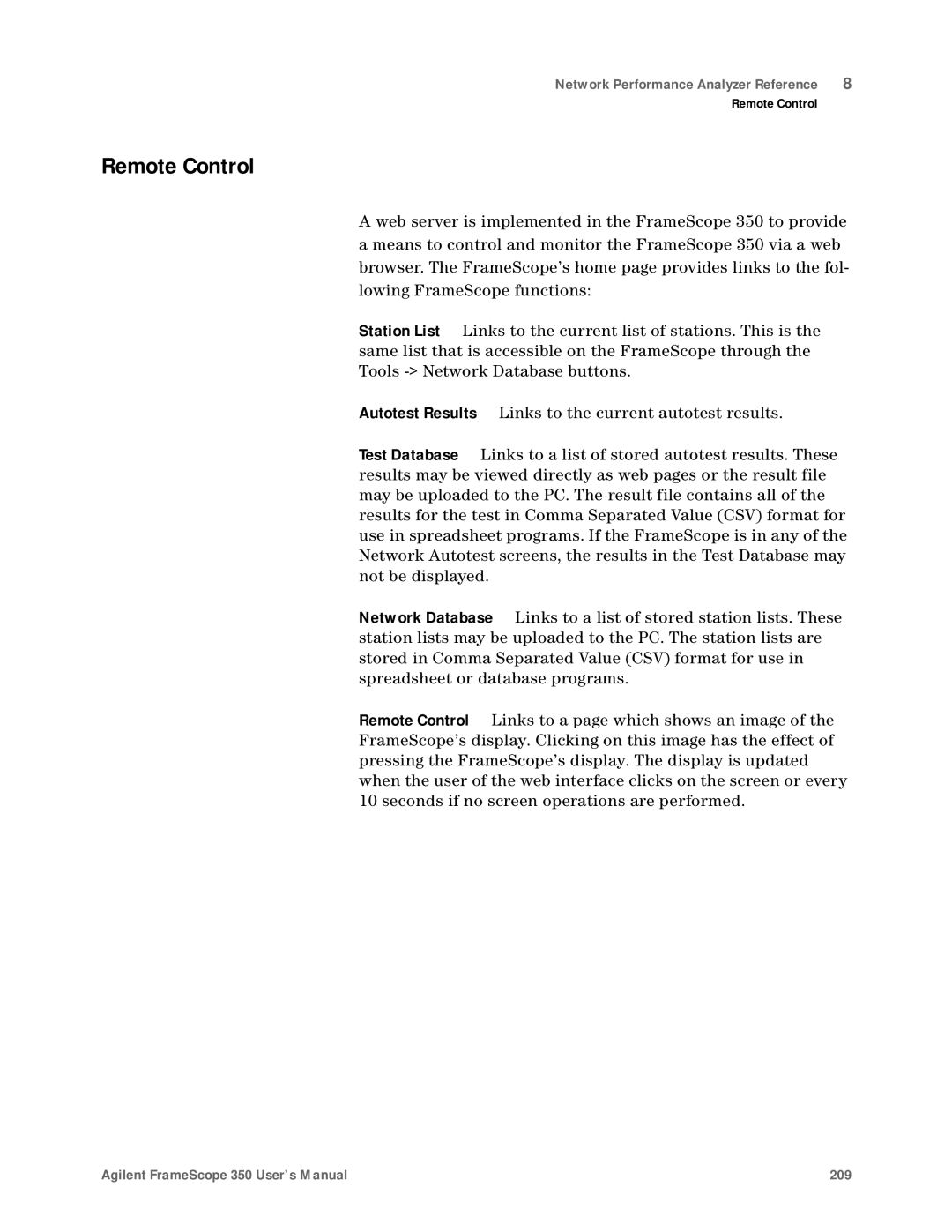 Agilent Technologies N2610A user manual Agilent FrameScope 350 User’s Manual 209 