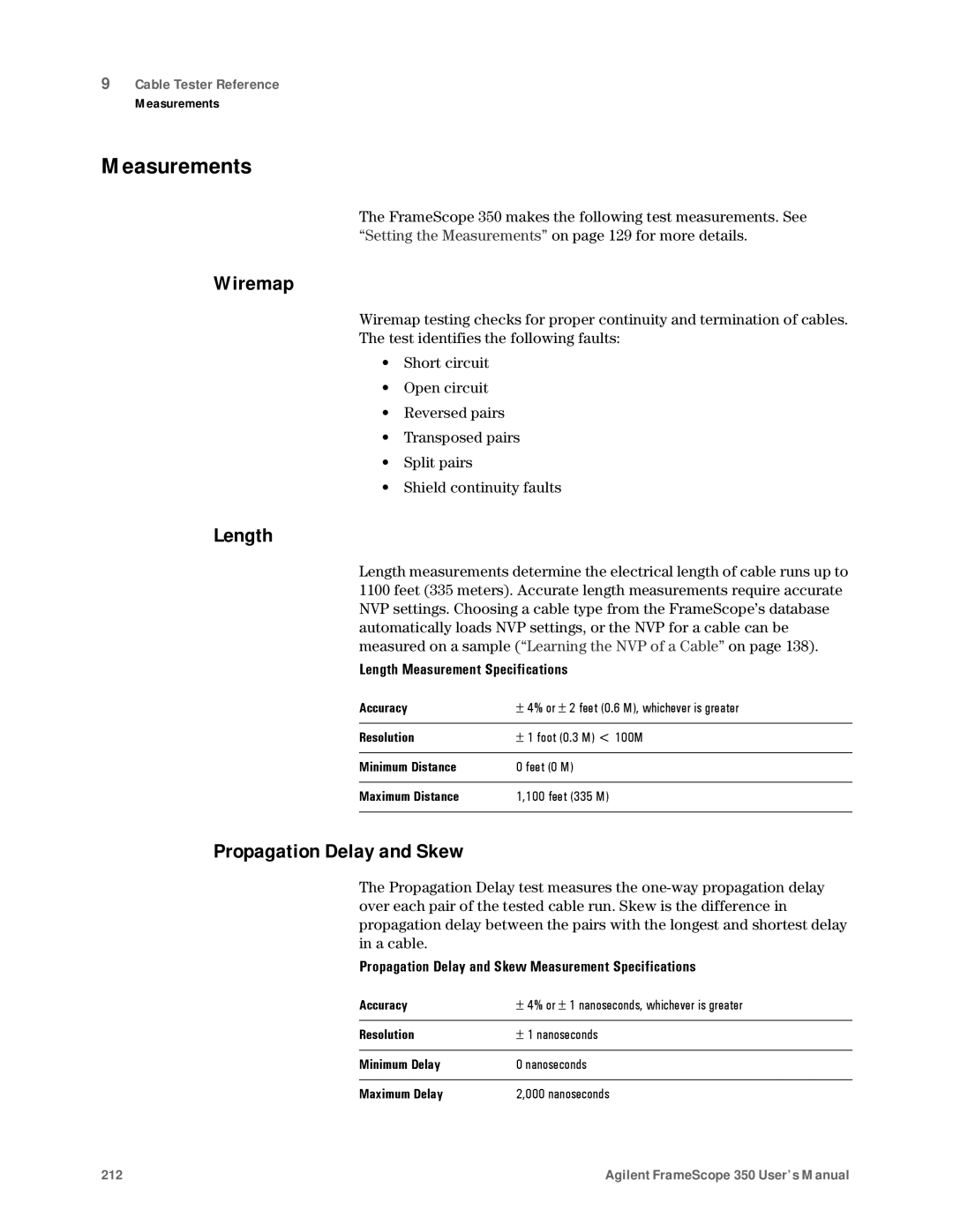 Agilent Technologies N2610A user manual Measurements, Wiremap, Length, Propagation Delay and Skew 