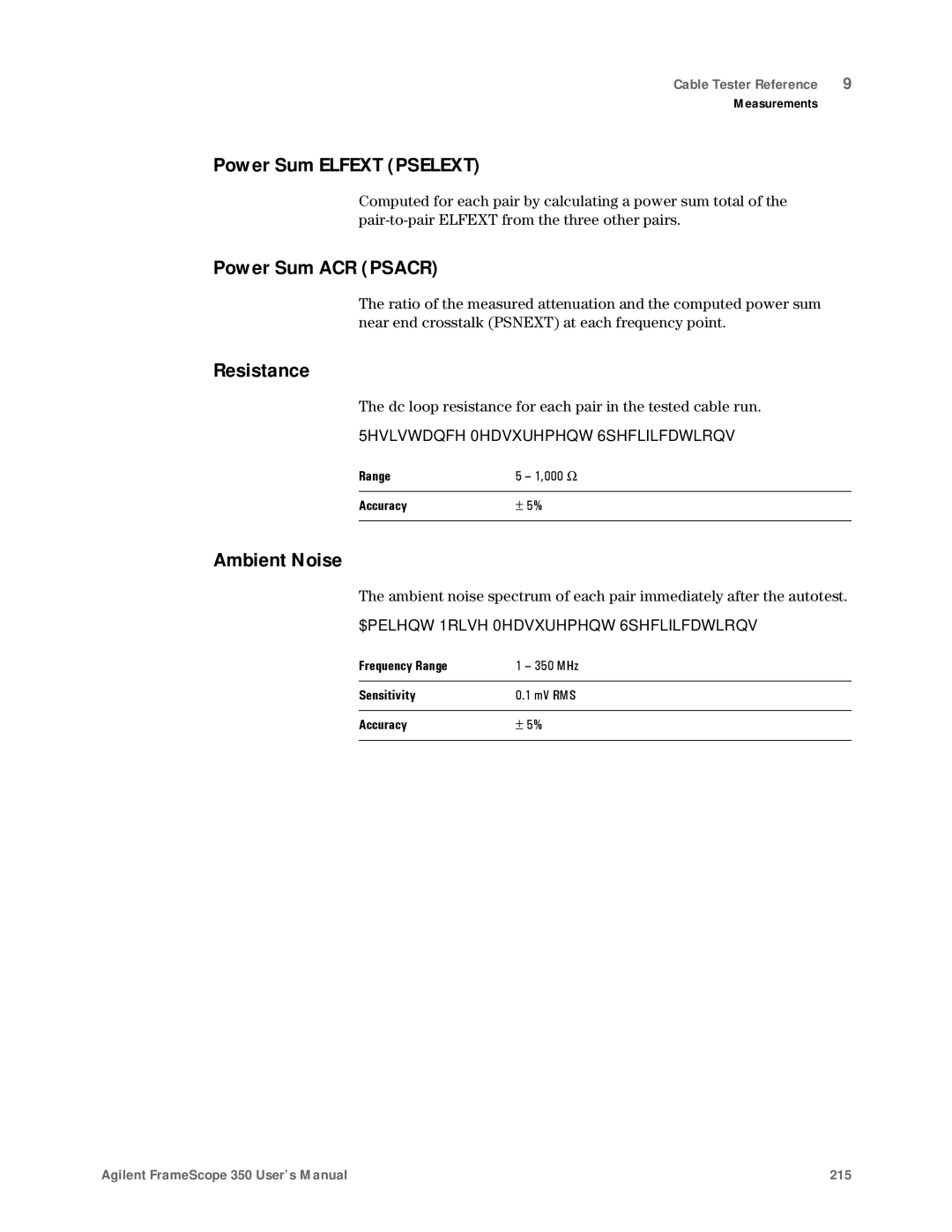 Agilent Technologies N2610A user manual Power Sum Elfext Pselext, Power Sum ACR Psacr, Resistance, Ambient Noise 