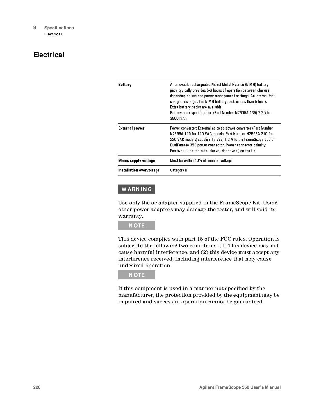 Agilent Technologies N2610A user manual Electrical, Wa R N I N G 