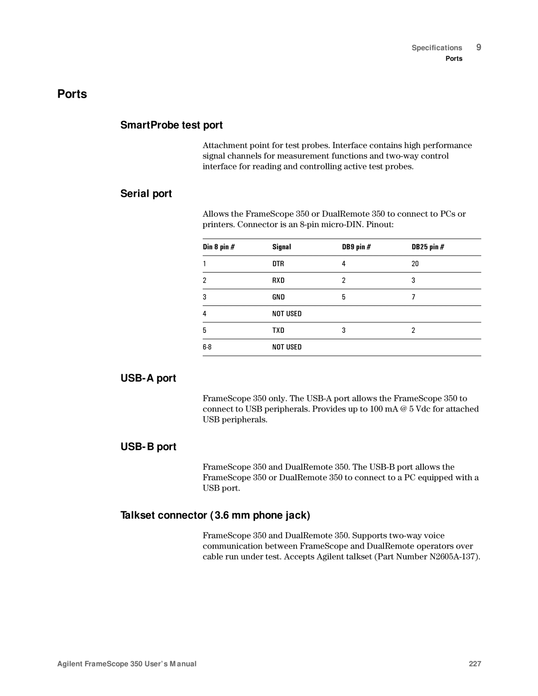 Agilent Technologies N2610A user manual Ports, SmartProbe test Serial port, USB-A port, USB-B port 