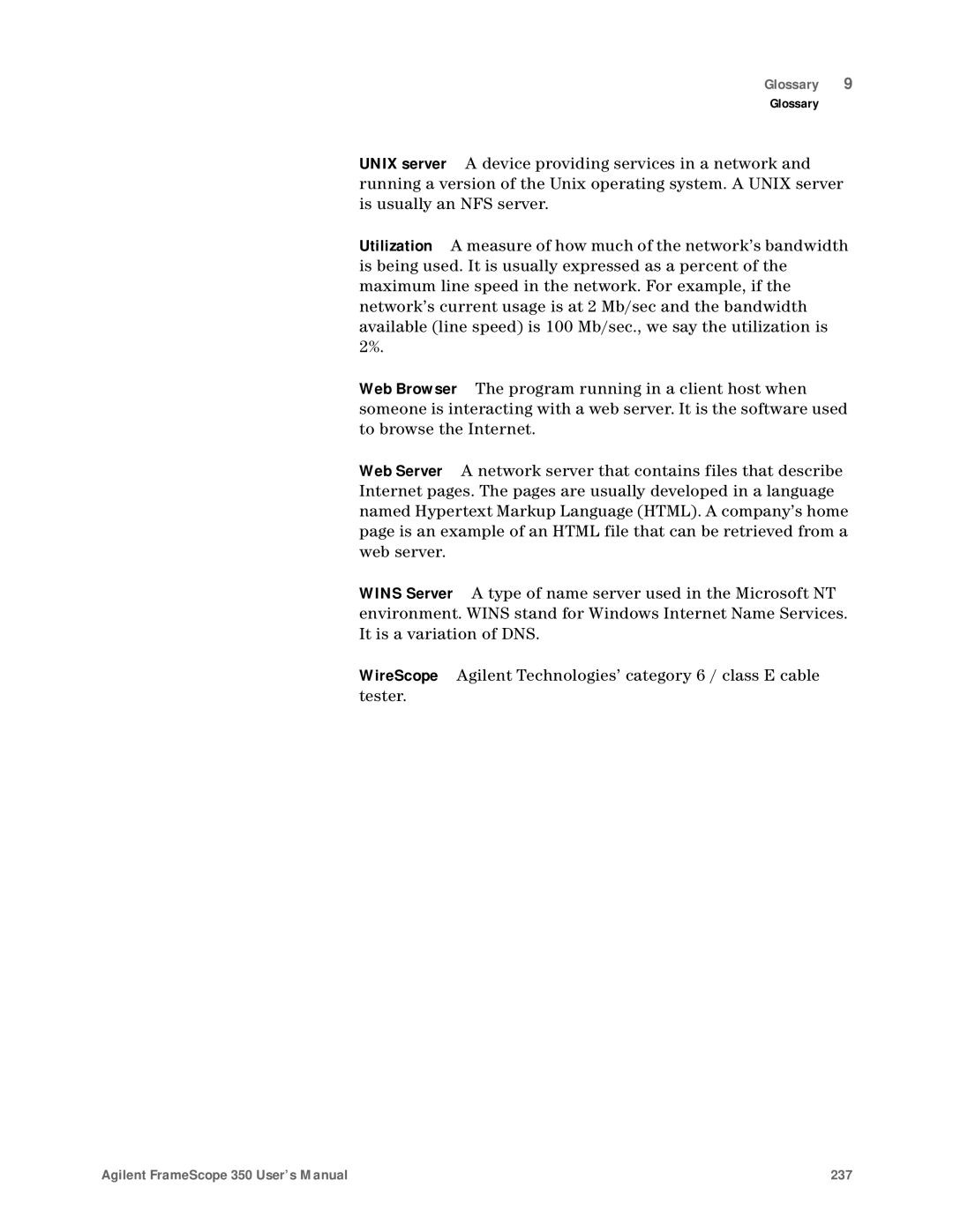 Agilent Technologies N2610A user manual Agilent FrameScope 350 User’s Manual 237 