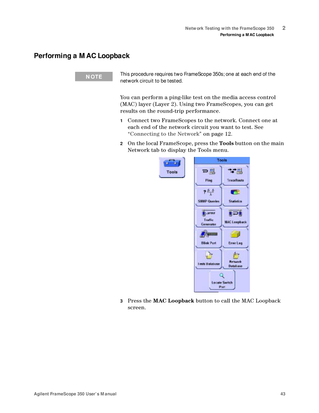 Agilent Technologies N2610A user manual Performing a MAC Loopback, Network circuit to be tested 