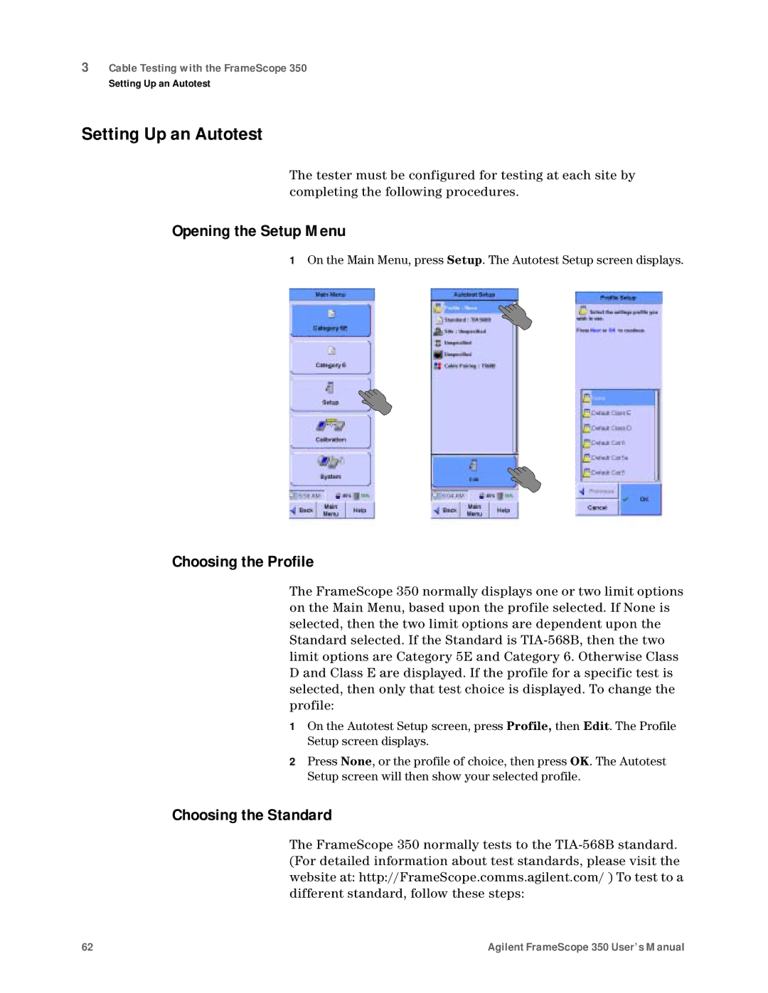 Agilent Technologies N2610A Setting Up an Autotest, Opening the Setup Menu, Choosing the Profile, Choosing the Standard 