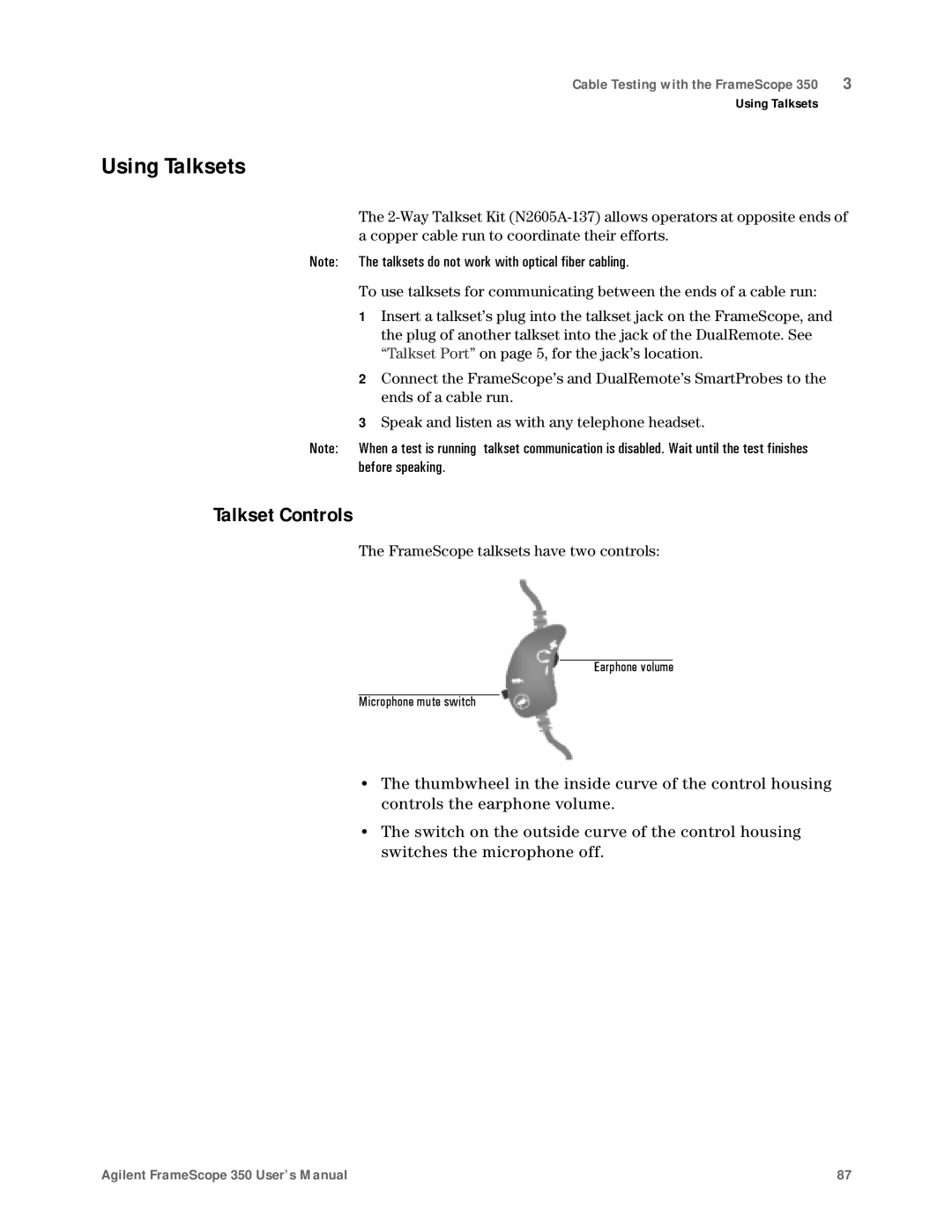 Agilent Technologies N2610A user manual Using Talksets, Talkset Controls 