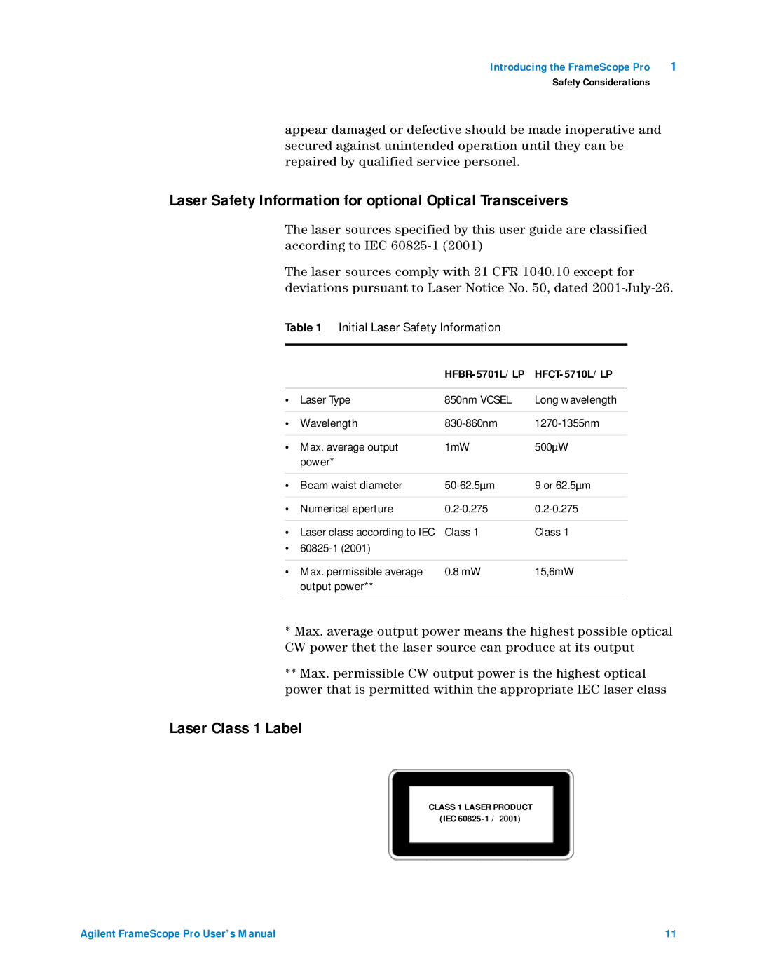 Agilent Technologies N2620A user manual Laser Safety Information for optional Optical Transceivers, Laser Class 1 Label 