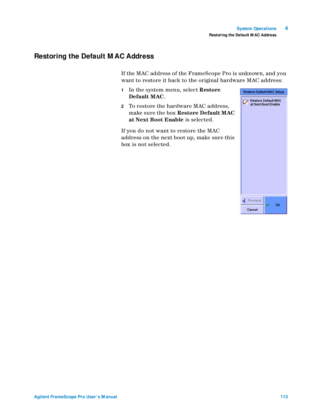 Agilent Technologies N2620A user manual Restoring the Default MAC Address 