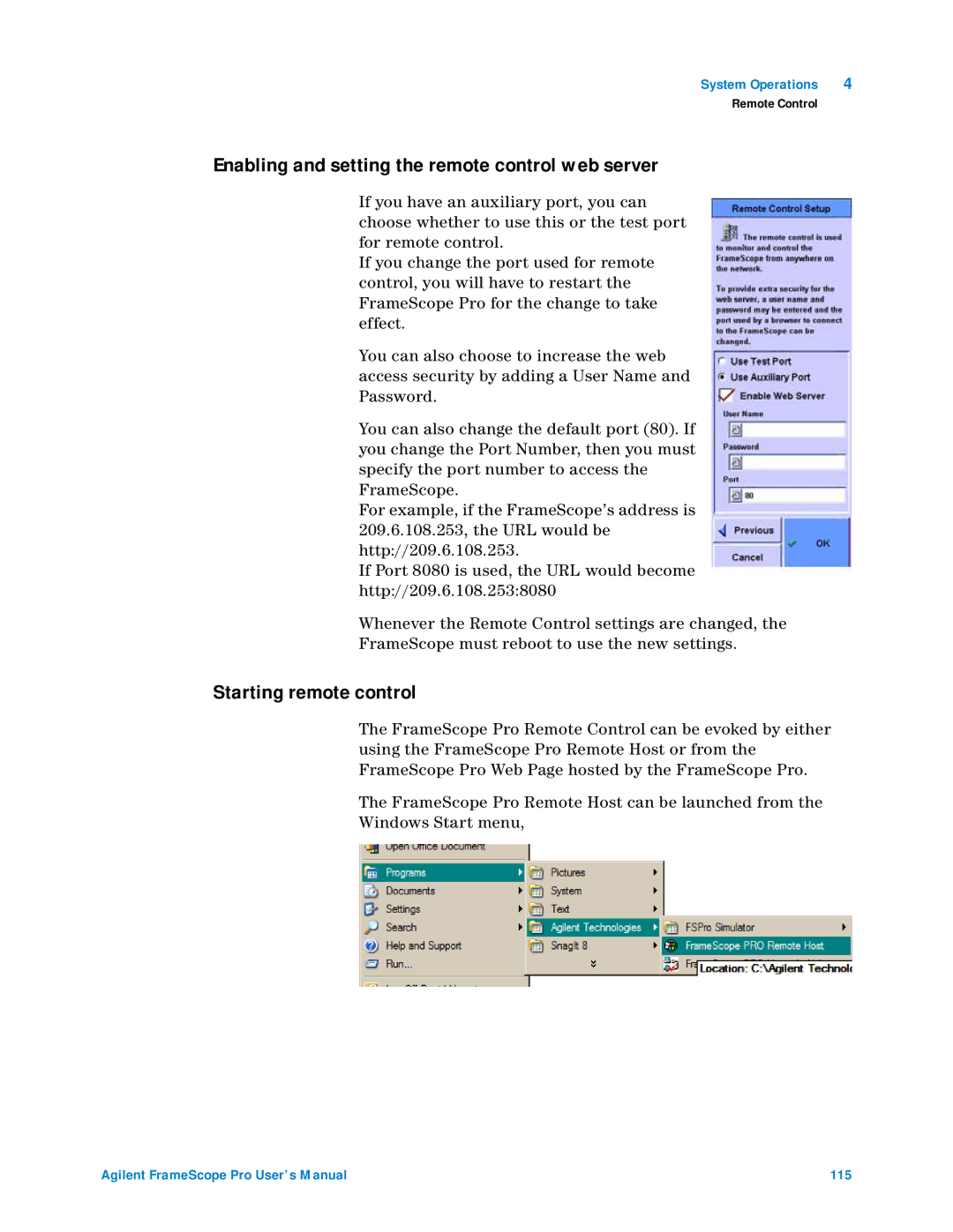 Agilent Technologies N2620A user manual Enabling and setting the remote control web server, Starting remote control 