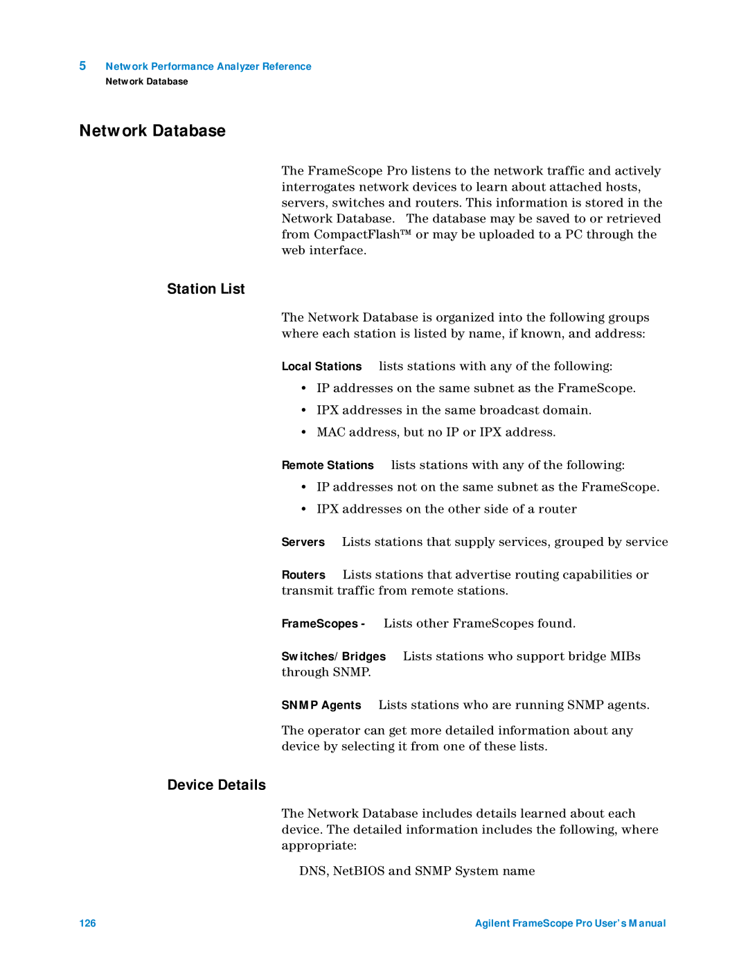 Agilent Technologies N2620A user manual Network Database, Station List, Device Details 