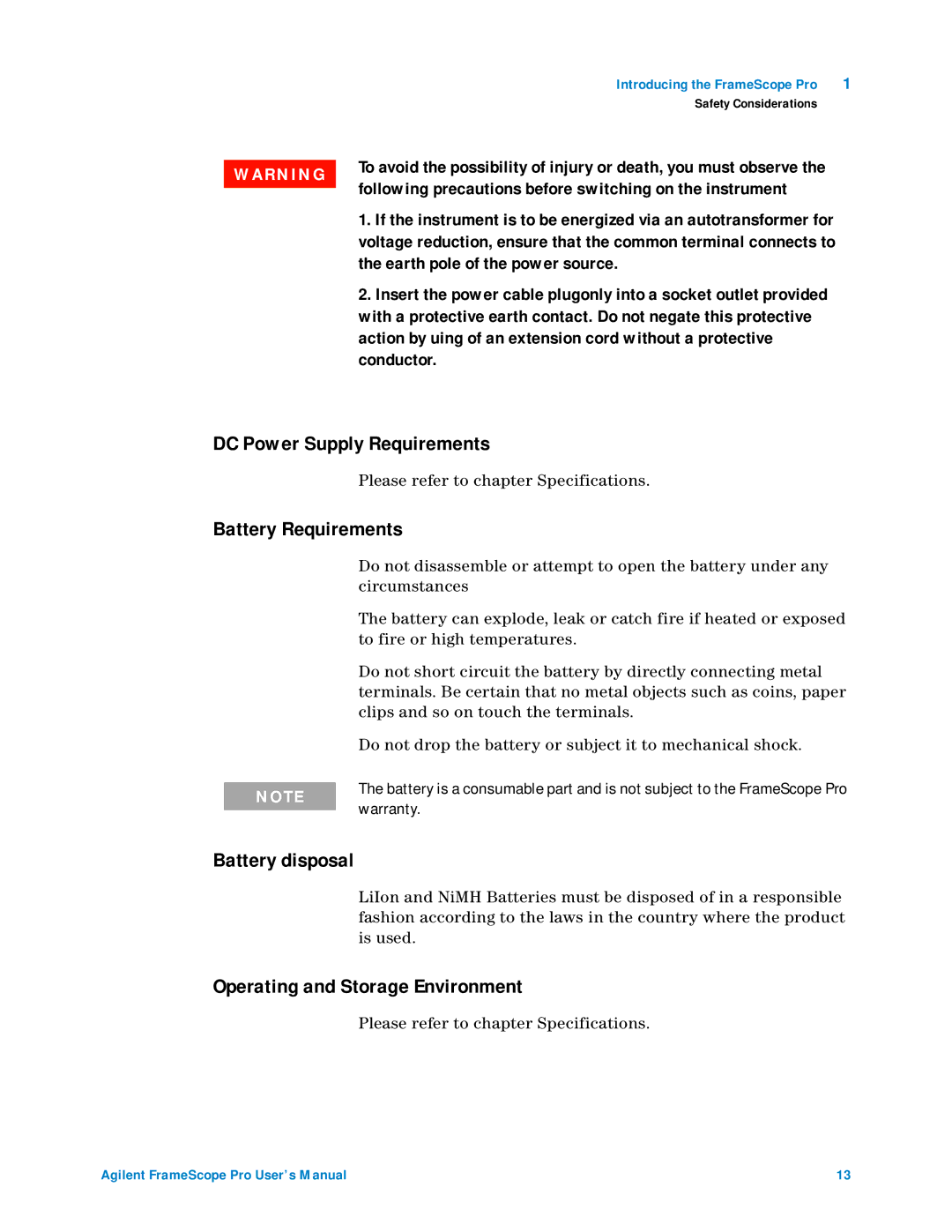 Agilent Technologies N2620A user manual DC Power Supply Requirements, Battery Requirements, Battery disposal 