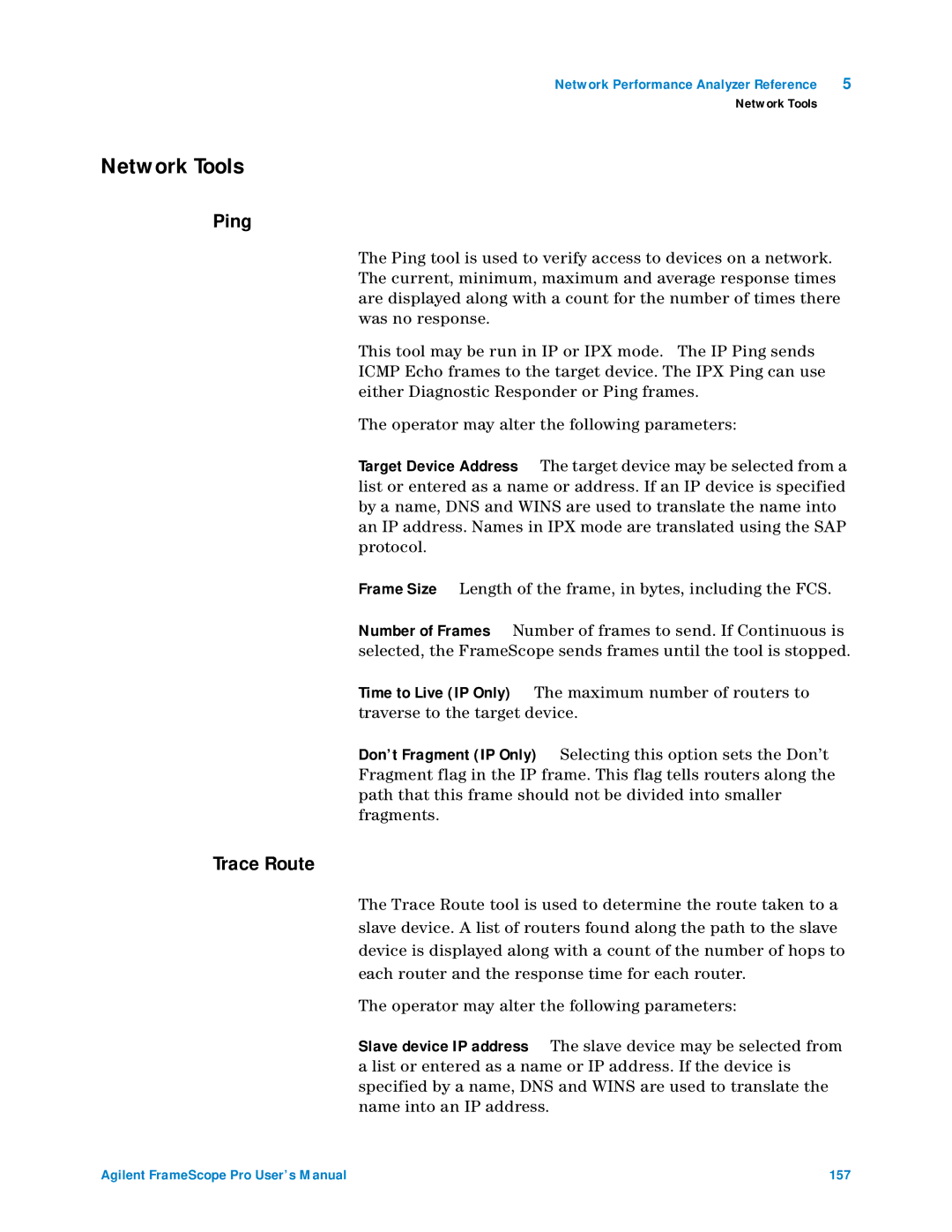 Agilent Technologies N2620A user manual Network Tools, Ping, Trace Route 