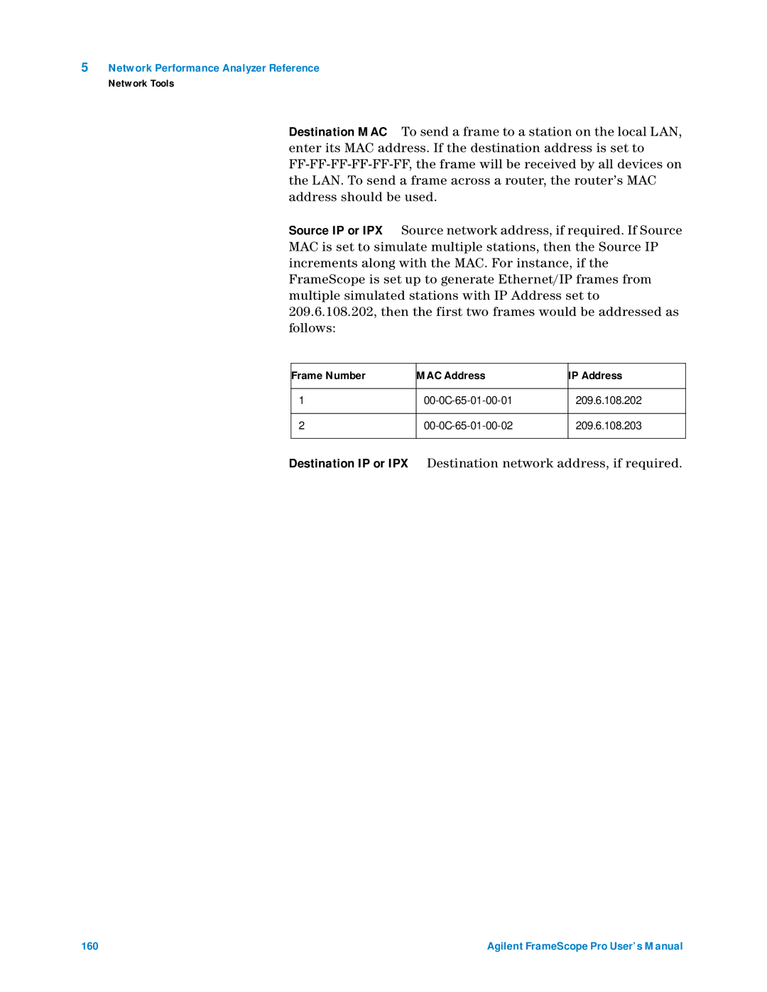 Agilent Technologies N2620A user manual Frame Number MAC Address IP Address 