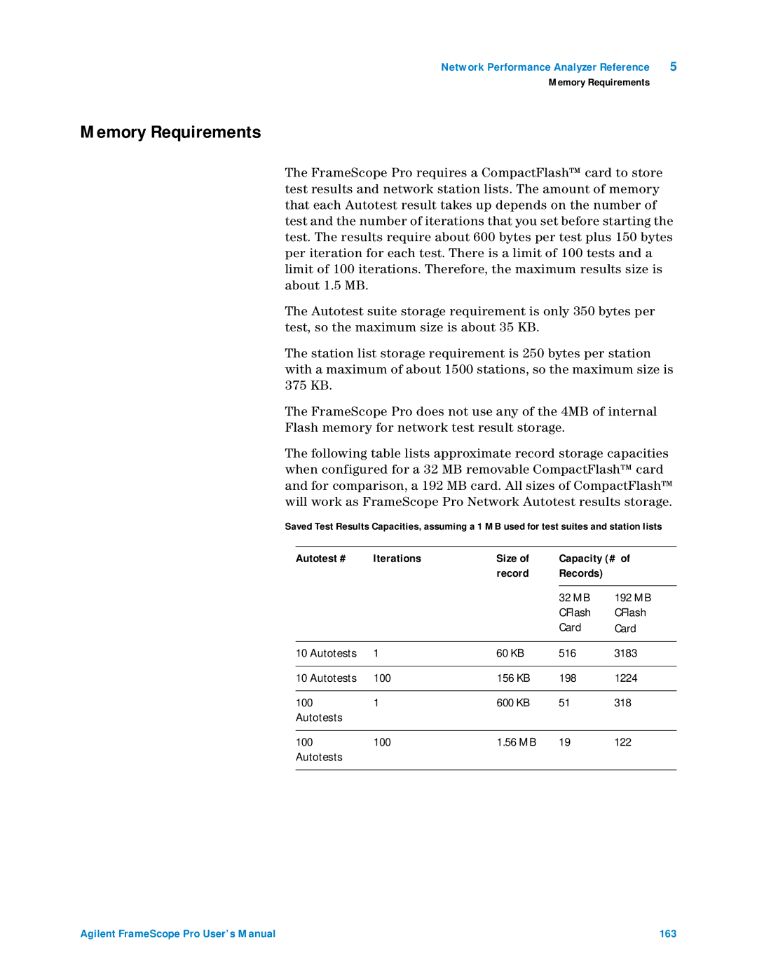 Agilent Technologies N2620A user manual Memory Requirements, Autotest # Iterations Size Capacity # Record Records 