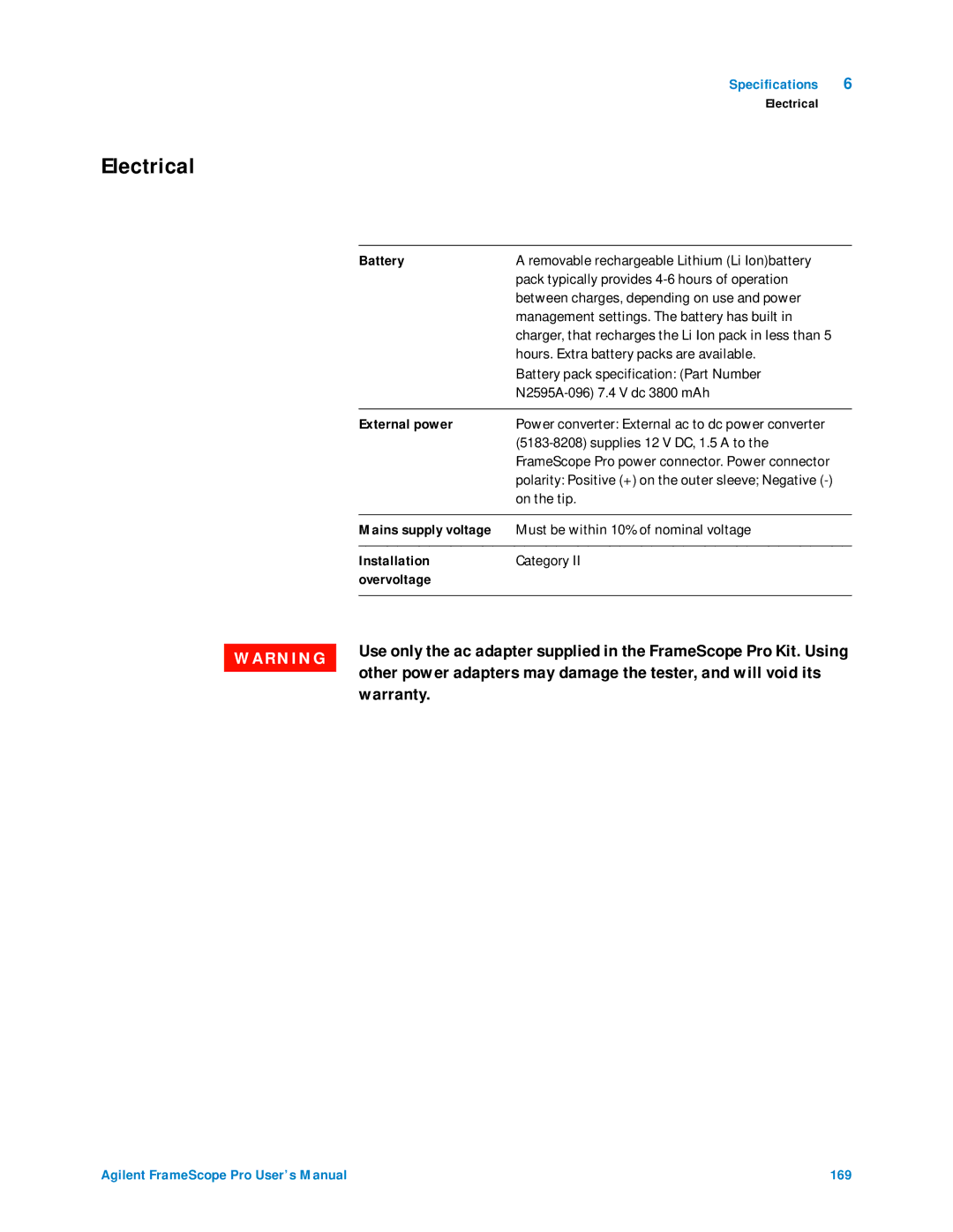 Agilent Technologies N2620A user manual Electrical, Warranty 