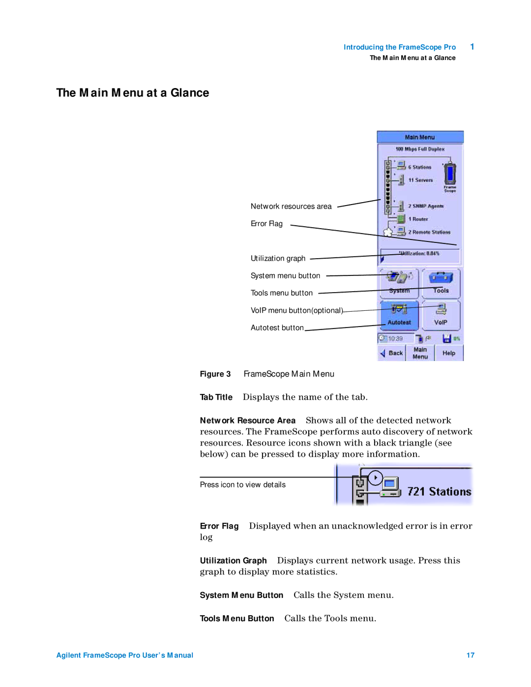 Agilent Technologies N2620A user manual Main Menu at a Glance, FrameScope Main Menu 