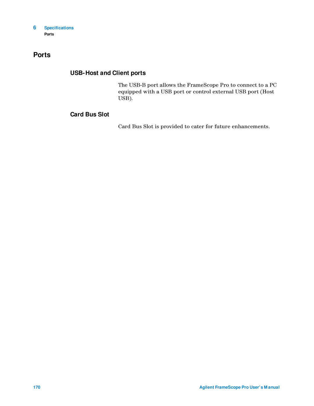 Agilent Technologies N2620A user manual Ports, USB-Host and Client ports, Card Bus Slot 