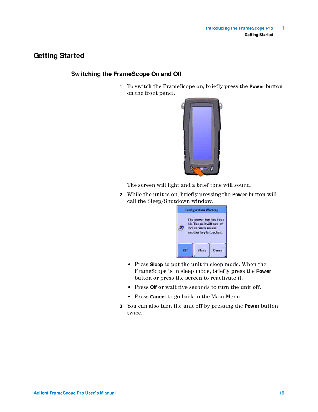 Agilent Technologies N2620A user manual Getting Started, Switching the FrameScope On and Off 