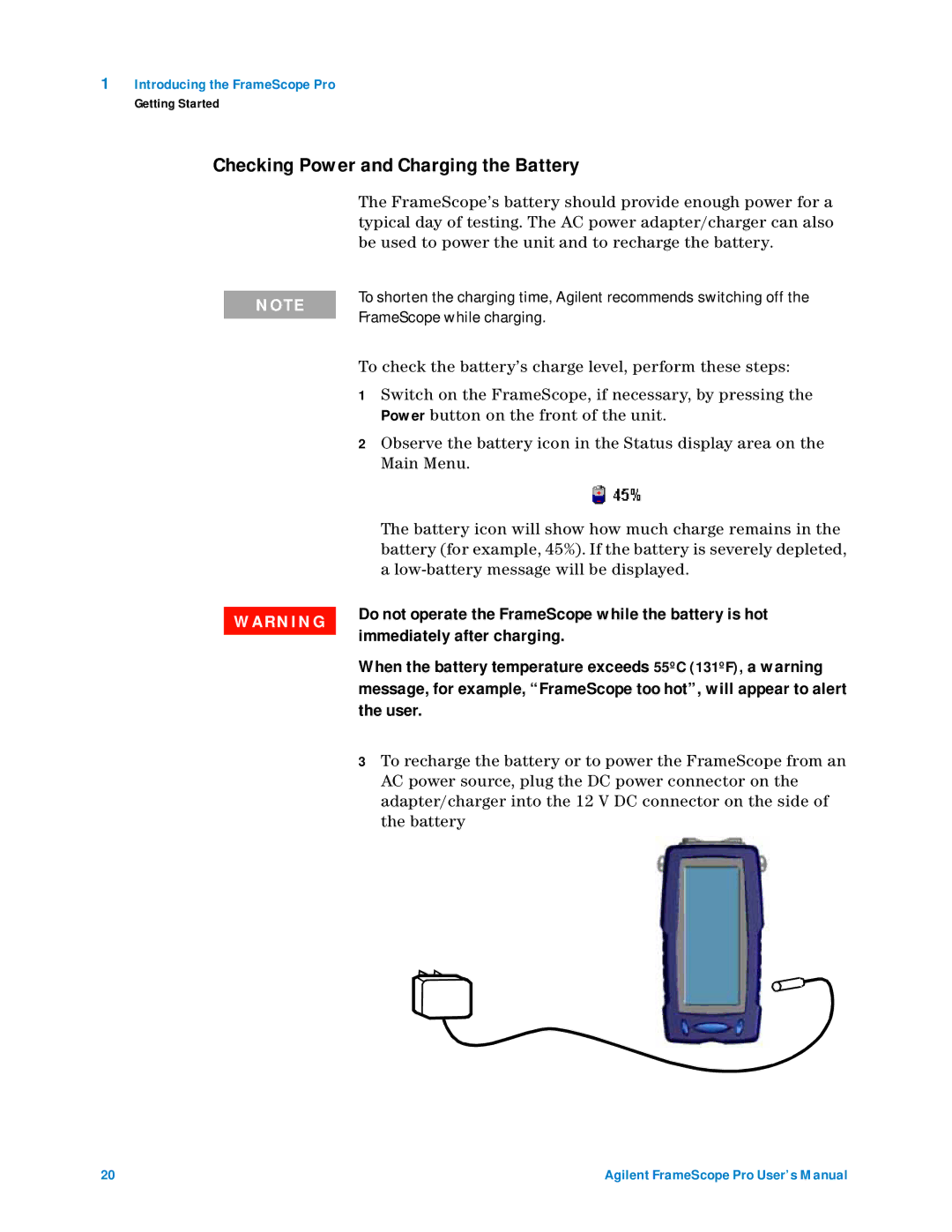 Agilent Technologies N2620A user manual Checking Power and Charging the Battery, Immediately after charging, User 