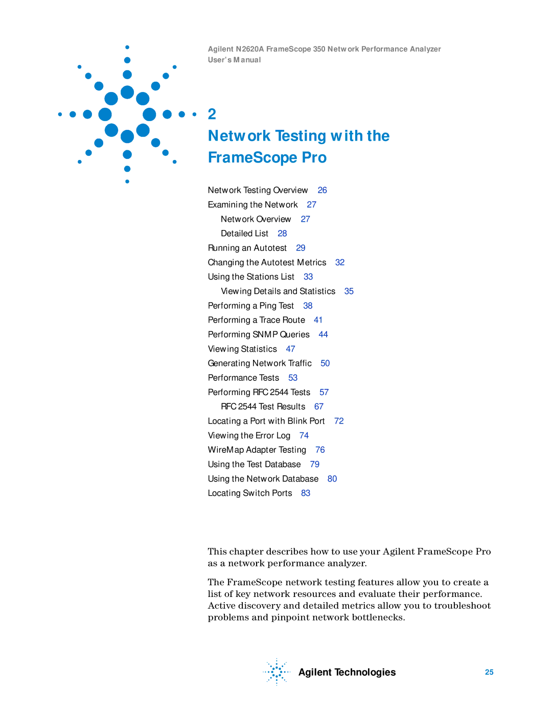 Agilent Technologies N2620A user manual Network Testing with the FrameScope Pro 