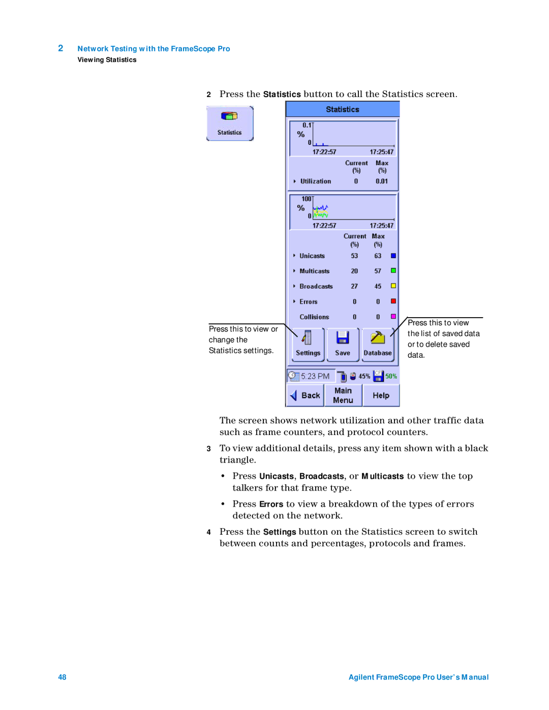 Agilent Technologies N2620A user manual Press the Statistics button to call the Statistics screen 