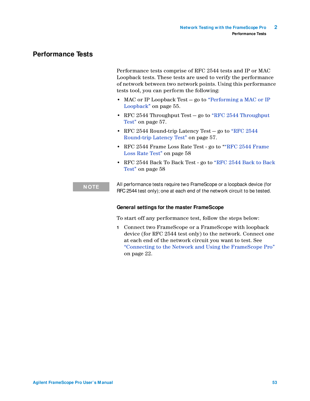 Agilent Technologies N2620A user manual Performance Tests, General settings for the master FrameScope 