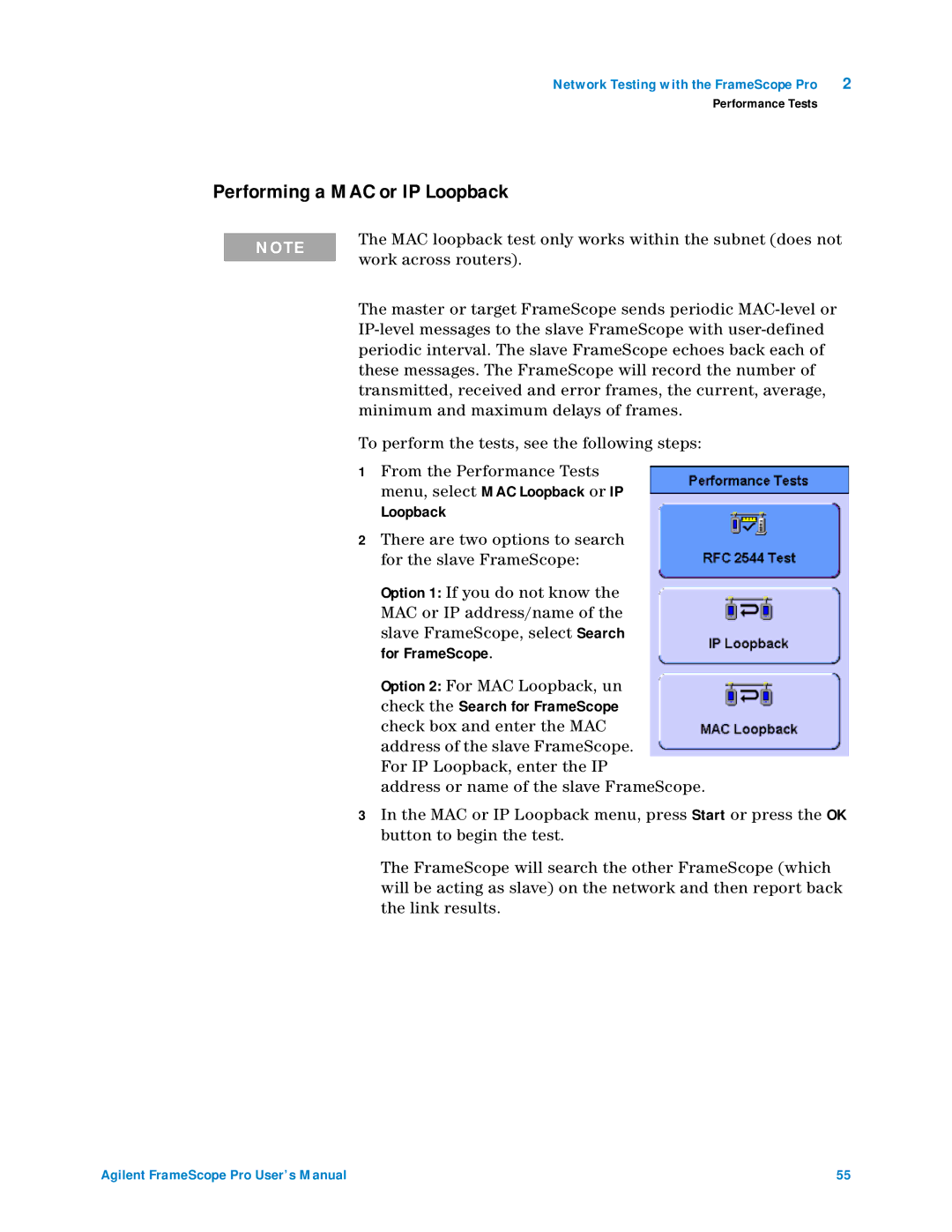 Agilent Technologies N2620A user manual Performing a MAC or IP Loopback 