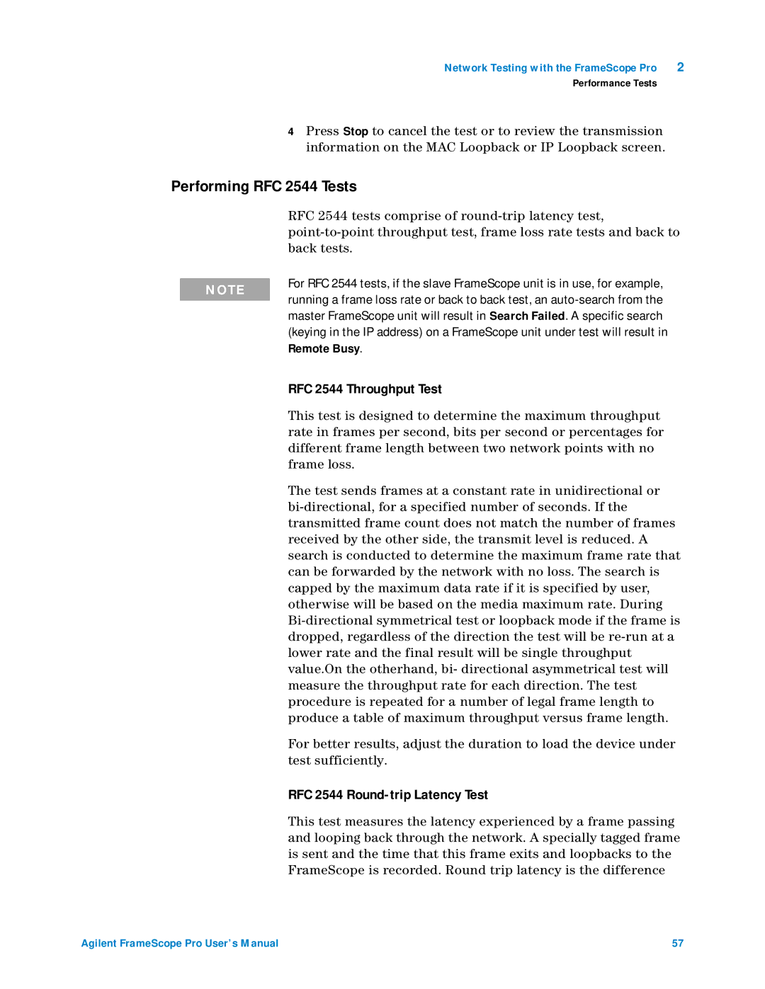 Agilent Technologies N2620A Performing RFC 2544 Tests, RFC 2544 Throughput Test, RFC 2544 Round-trip Latency Test 