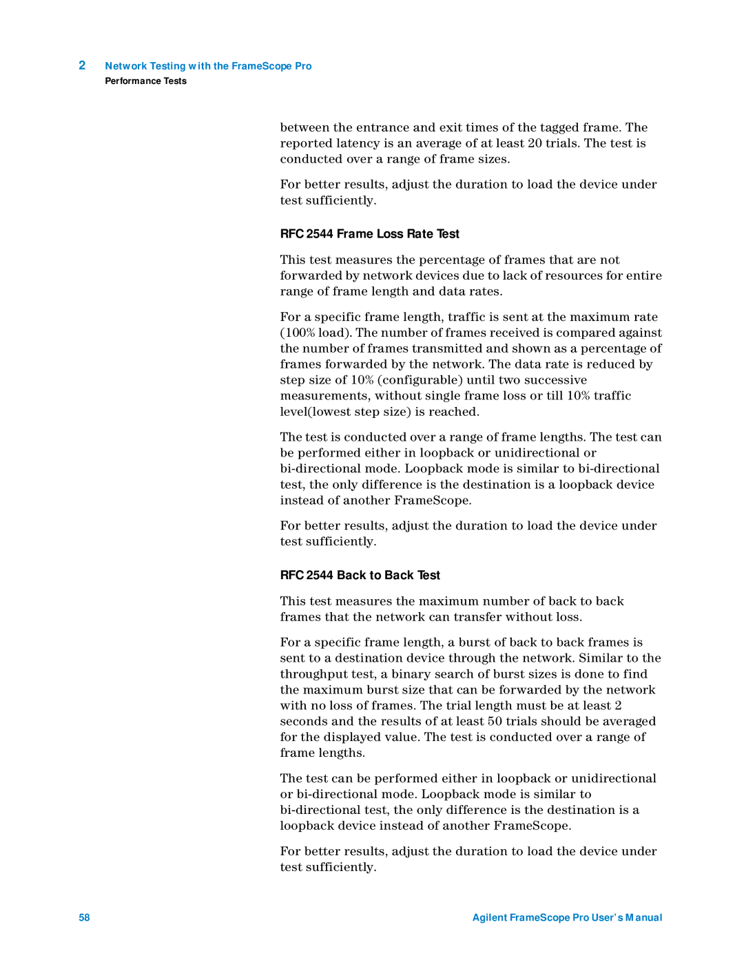 Agilent Technologies N2620A user manual RFC 2544 Frame Loss Rate Test, RFC 2544 Back to Back Test 
